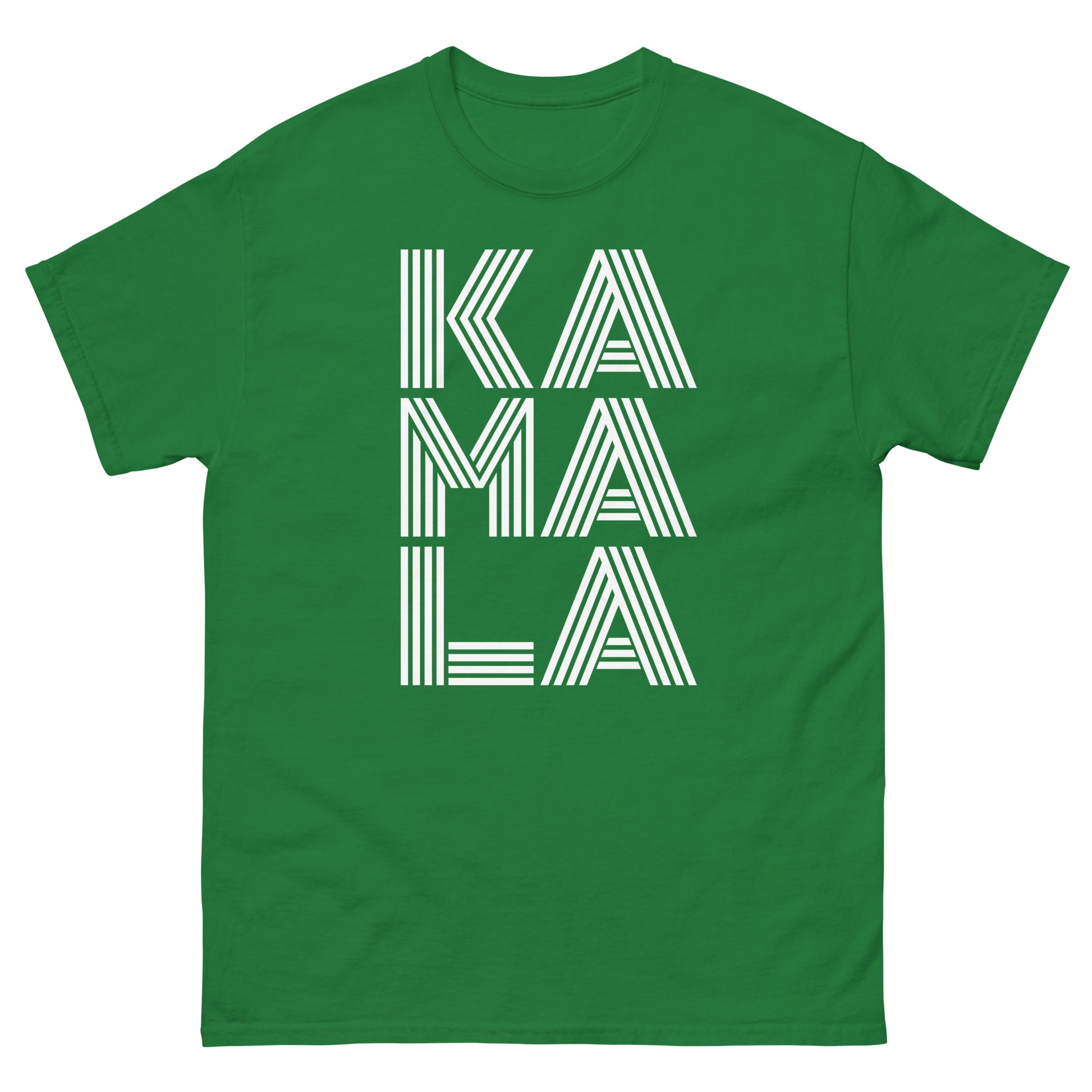 Green unisex classic tee featuring minimalist “KAMALA” stacked typography in geometric white line design.