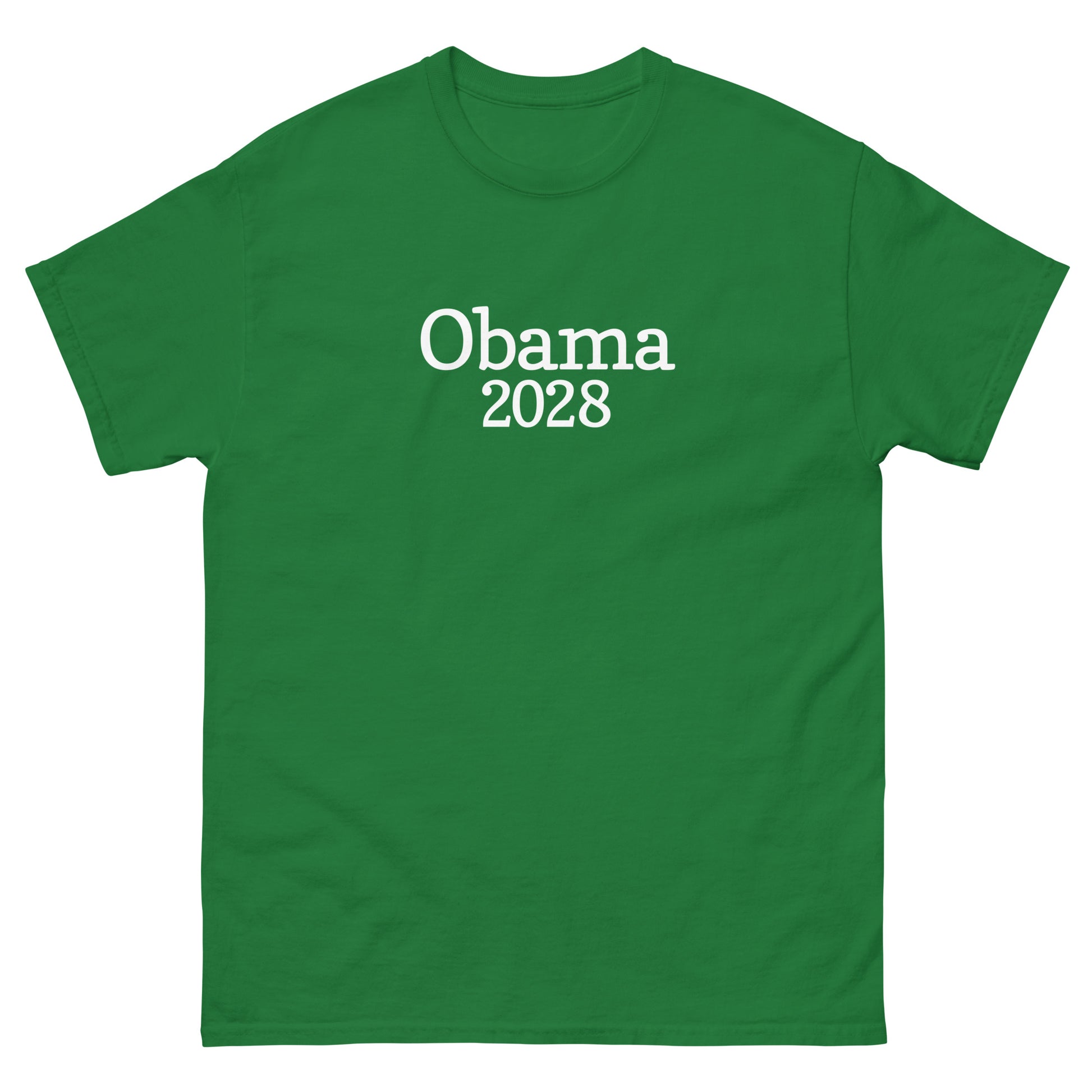 Green unisex classic tee featuring understated “Obama 2028” lettering printed across chest in simple serif font.