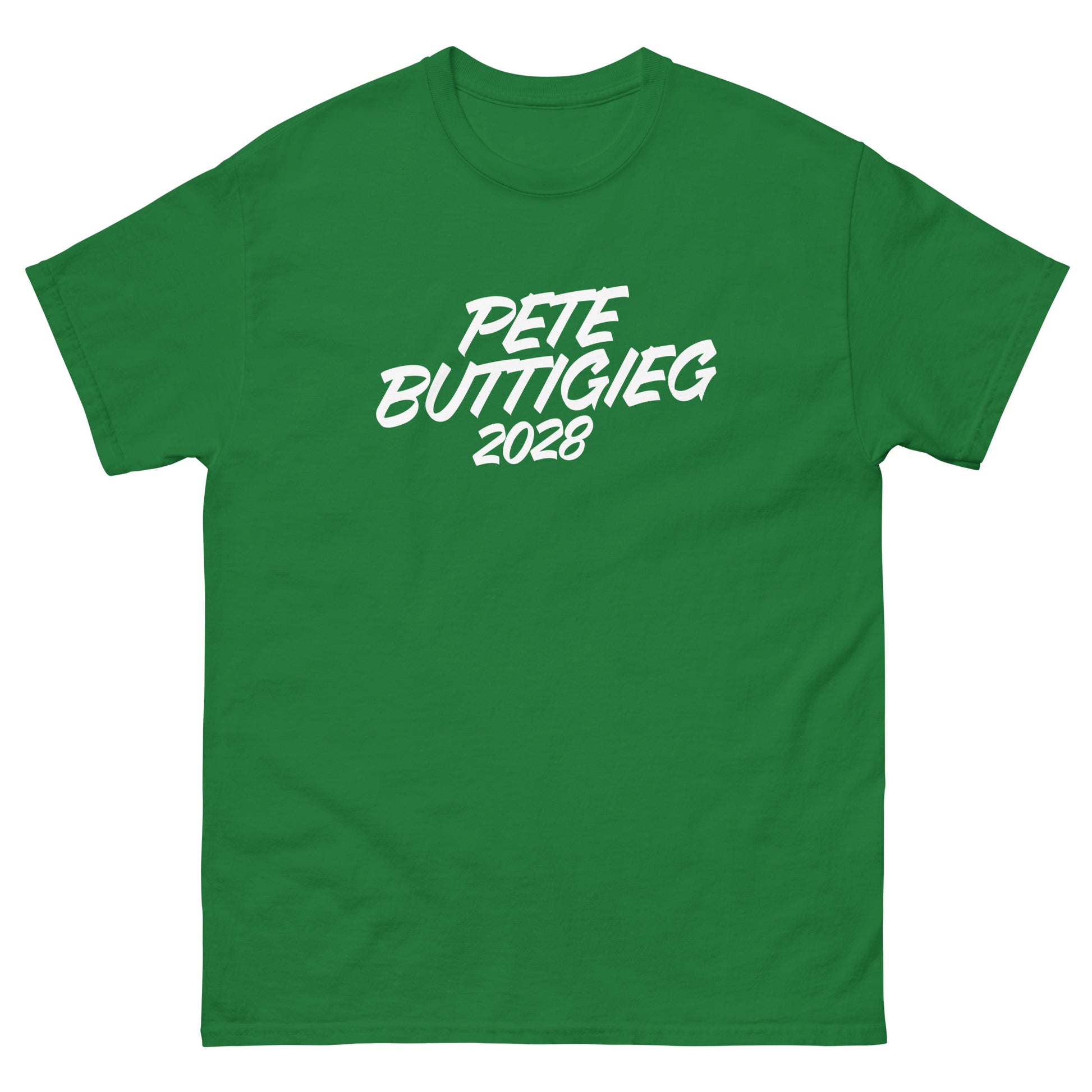 Green unisex classic tee featuring centered “PETE BUTTIGIEG 2028” text in clean, campaign-style script.