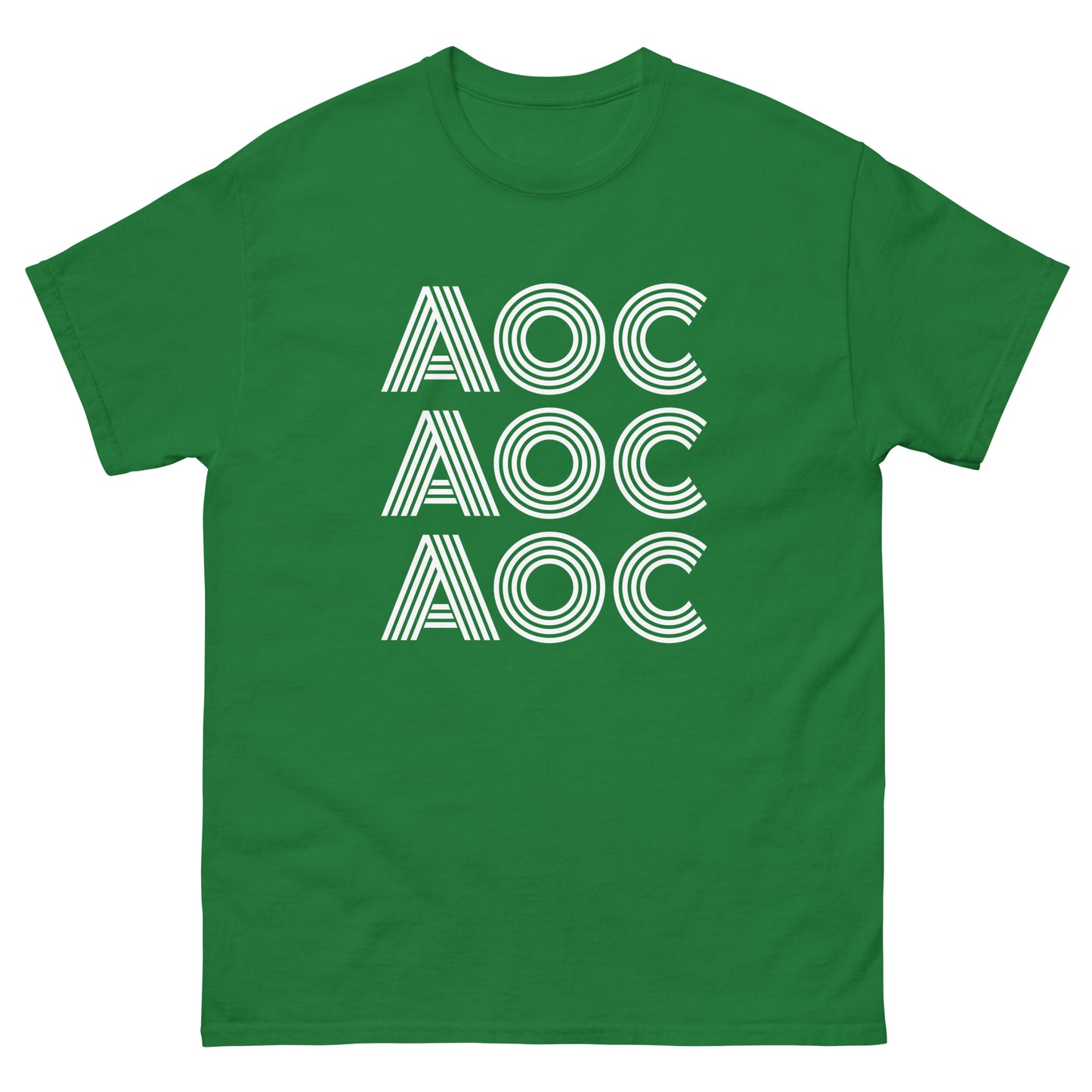 Green unisex classic tee featuring triple-stacked “AOC” typography in geometric white line design.