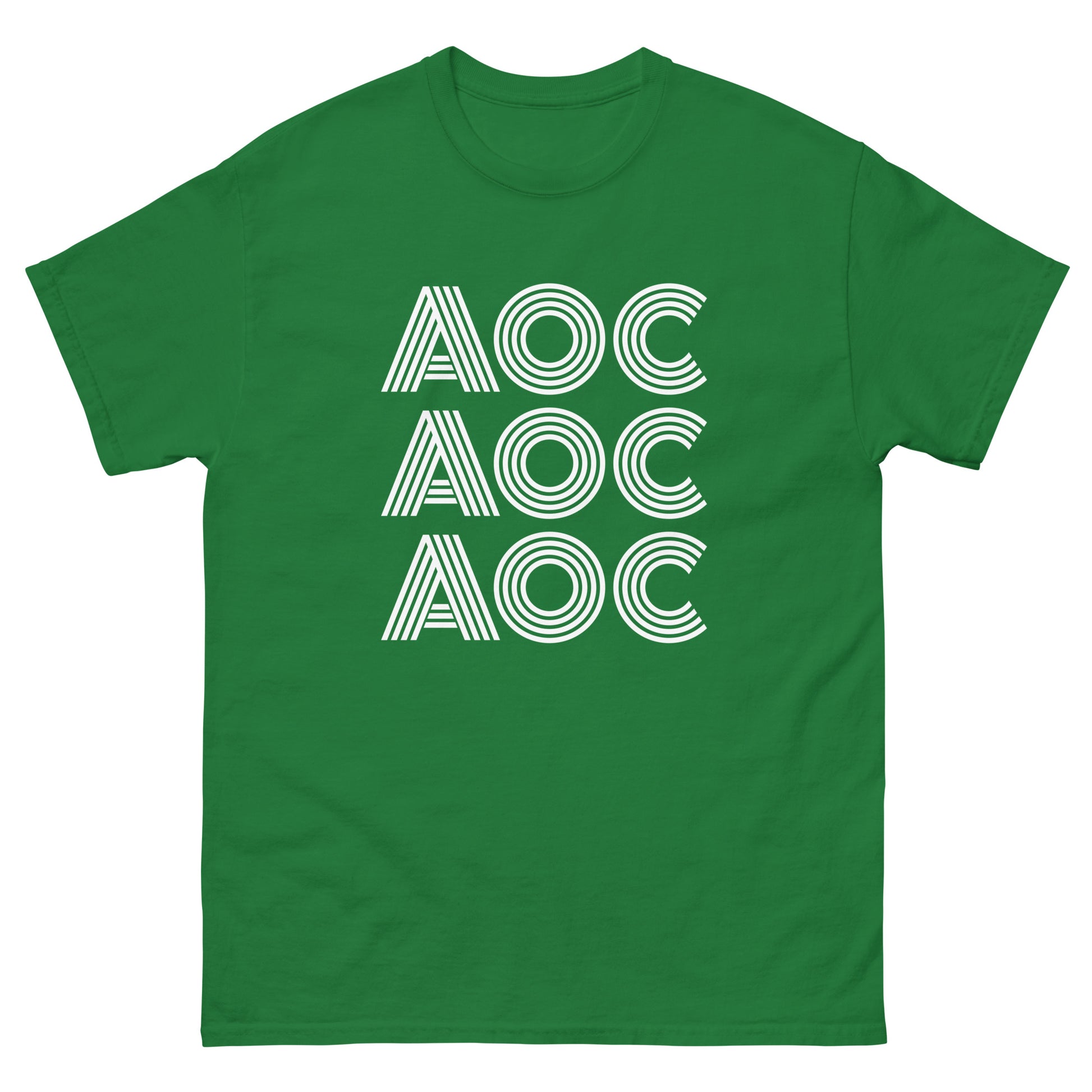 Green unisex classic tee featuring triple-stacked “AOC” typography in geometric white line design.