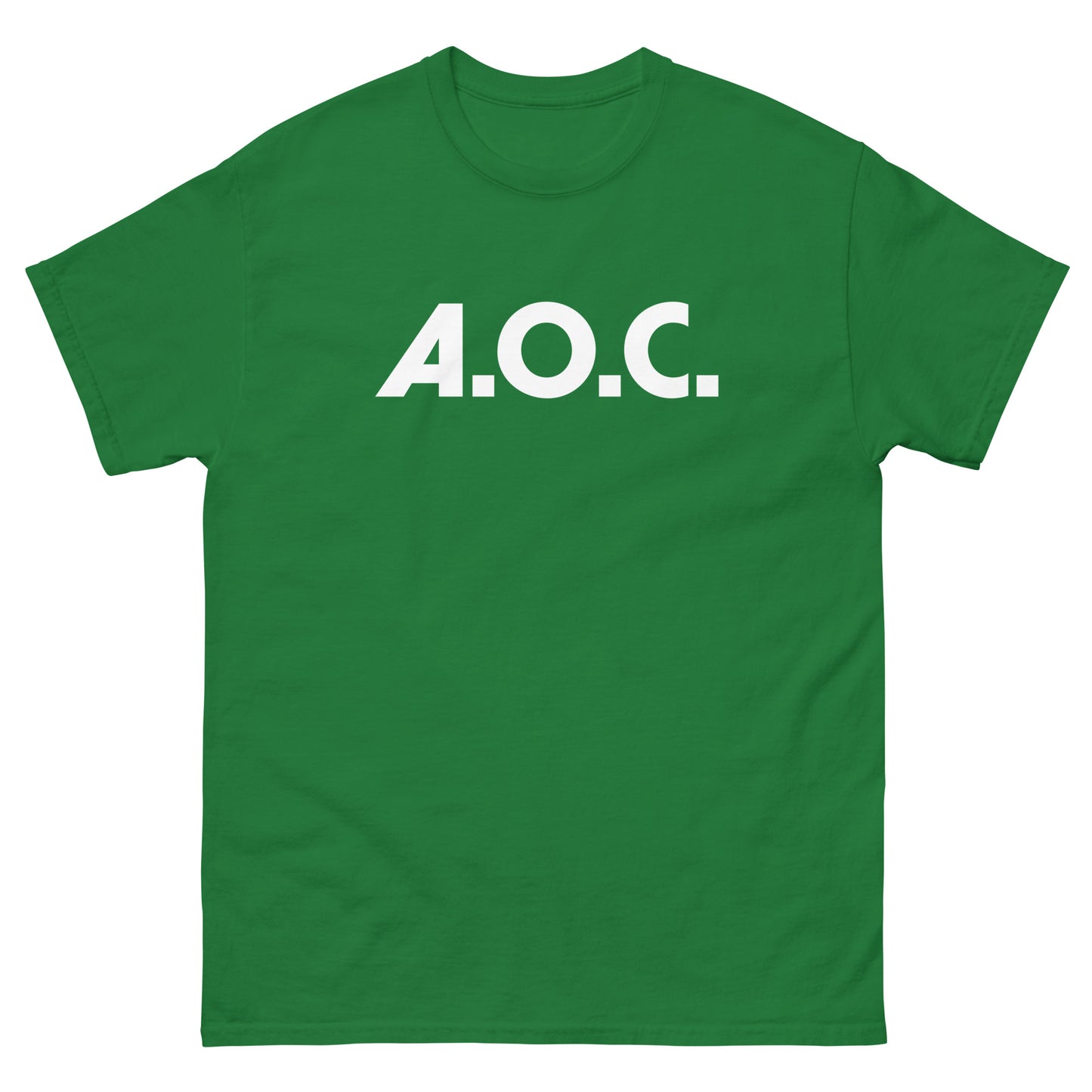 Green unisex classic tee featuring centered “A.O.C.” lettering in bold white type.