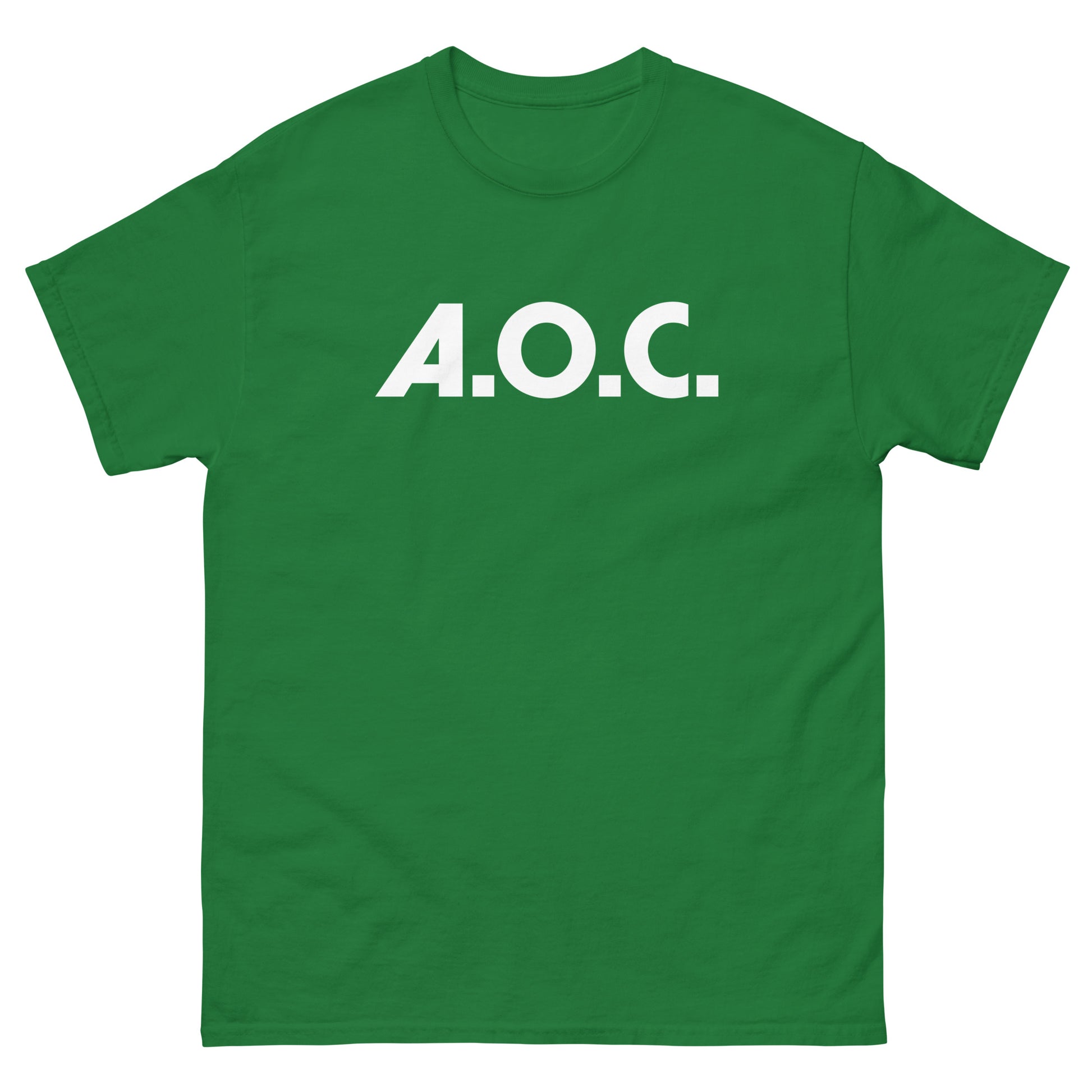 Green unisex classic tee featuring centered “A.O.C.” lettering in bold white type.