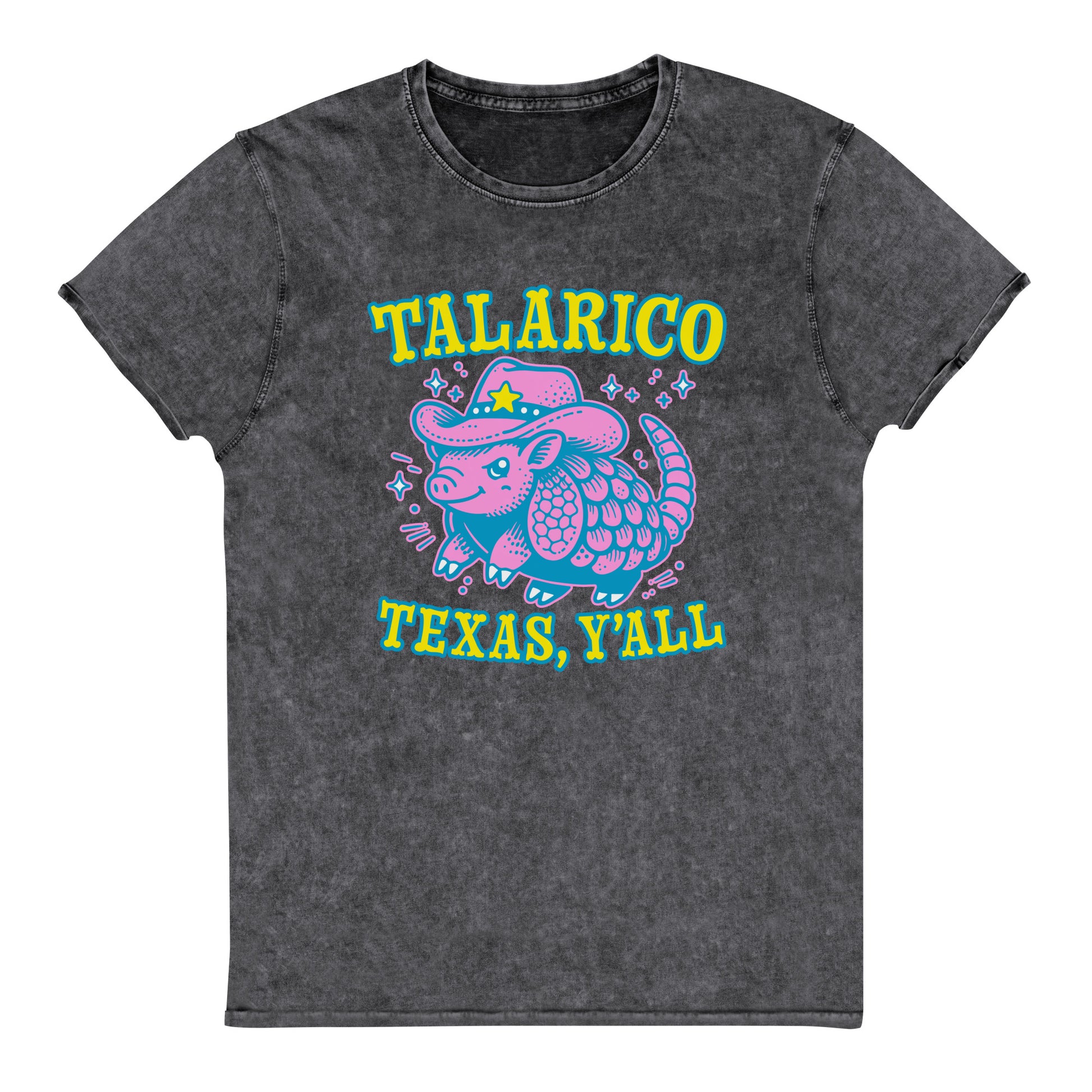 Black denim t-shirt featuring colorful western armadillo illustration with cowboy hat and bold “Talarico Texas Y’all” political graphic design.
