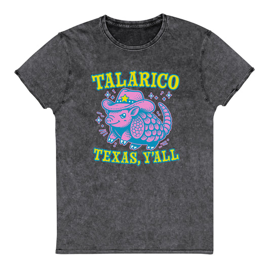 Black denim t-shirt featuring colorful western armadillo illustration with cowboy hat and bold “Talarico Texas Y’all” political graphic design.