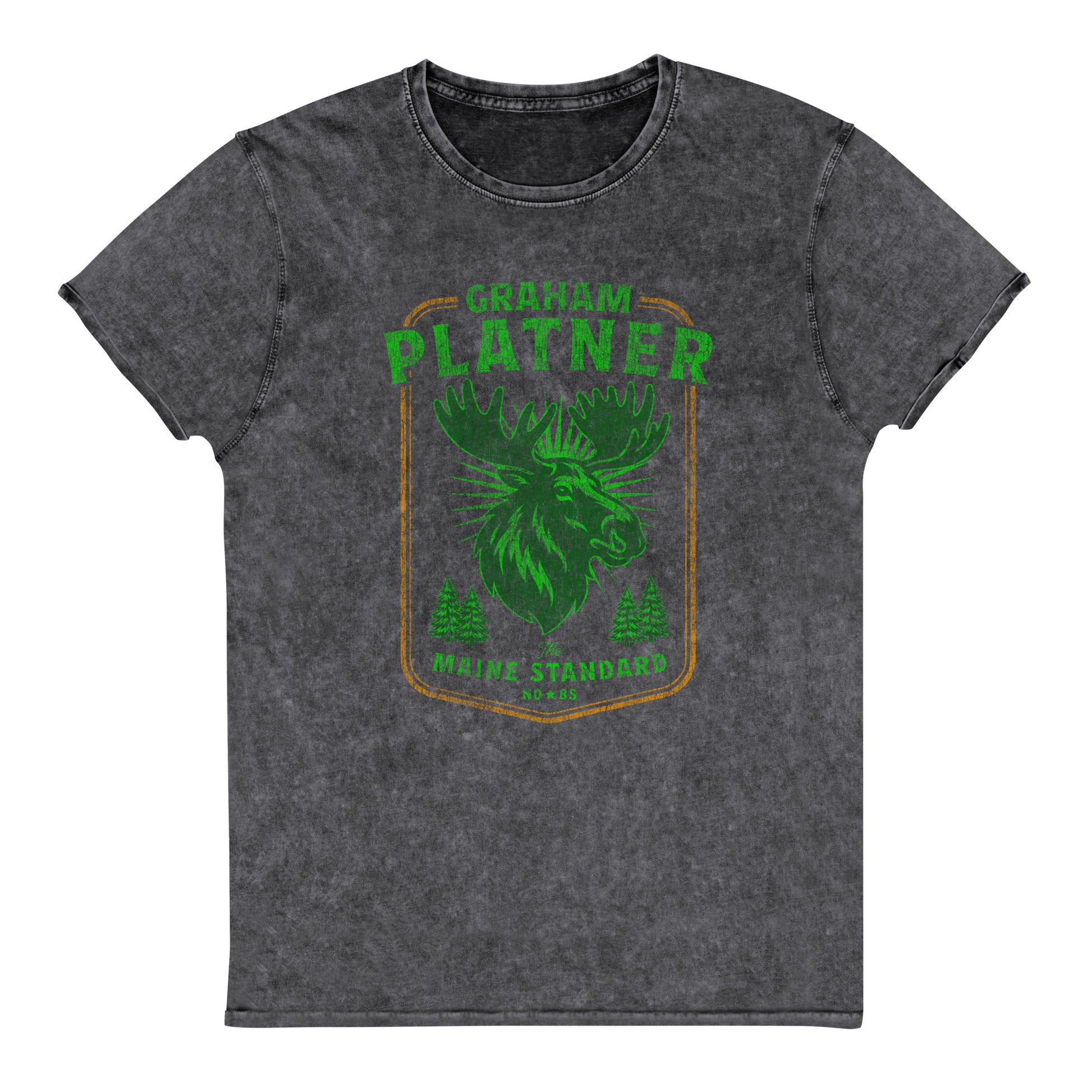 Charcoal black denim t-shirt featuring green moose graphic with “Graham Platner Maine Standard” text in vintage outdoor Maine-inspired design.