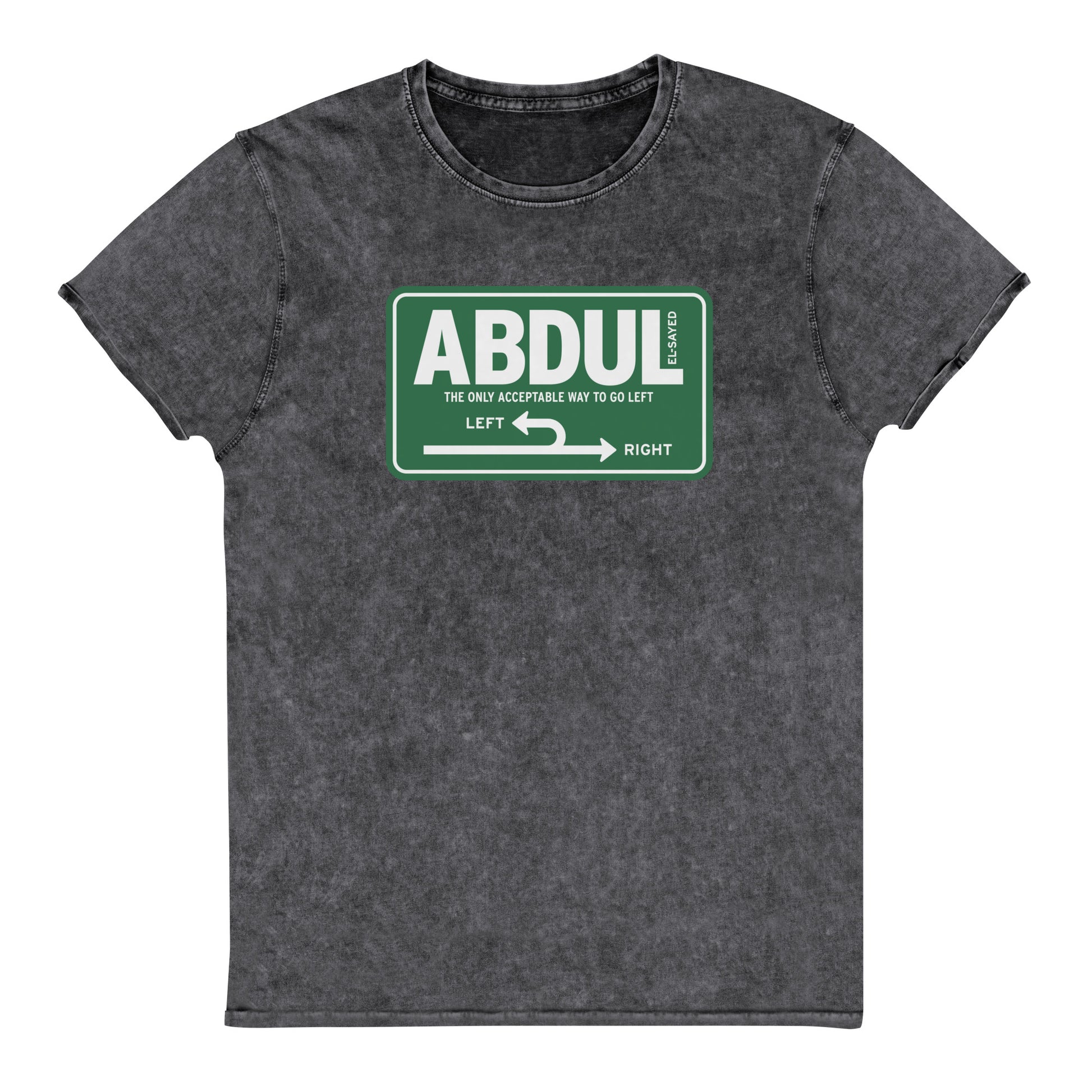 Vintage black denim t-shirt featuring green Michigan left road sign graphic with “Abdul El-Sayed” text inspired by classic Michigan highway signage.