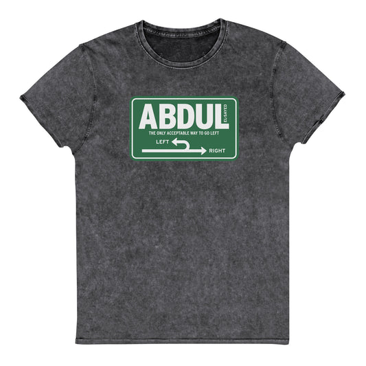 Vintage black denim t-shirt featuring green Michigan left road sign graphic with “Abdul El-Sayed” text inspired by classic Michigan highway signage.