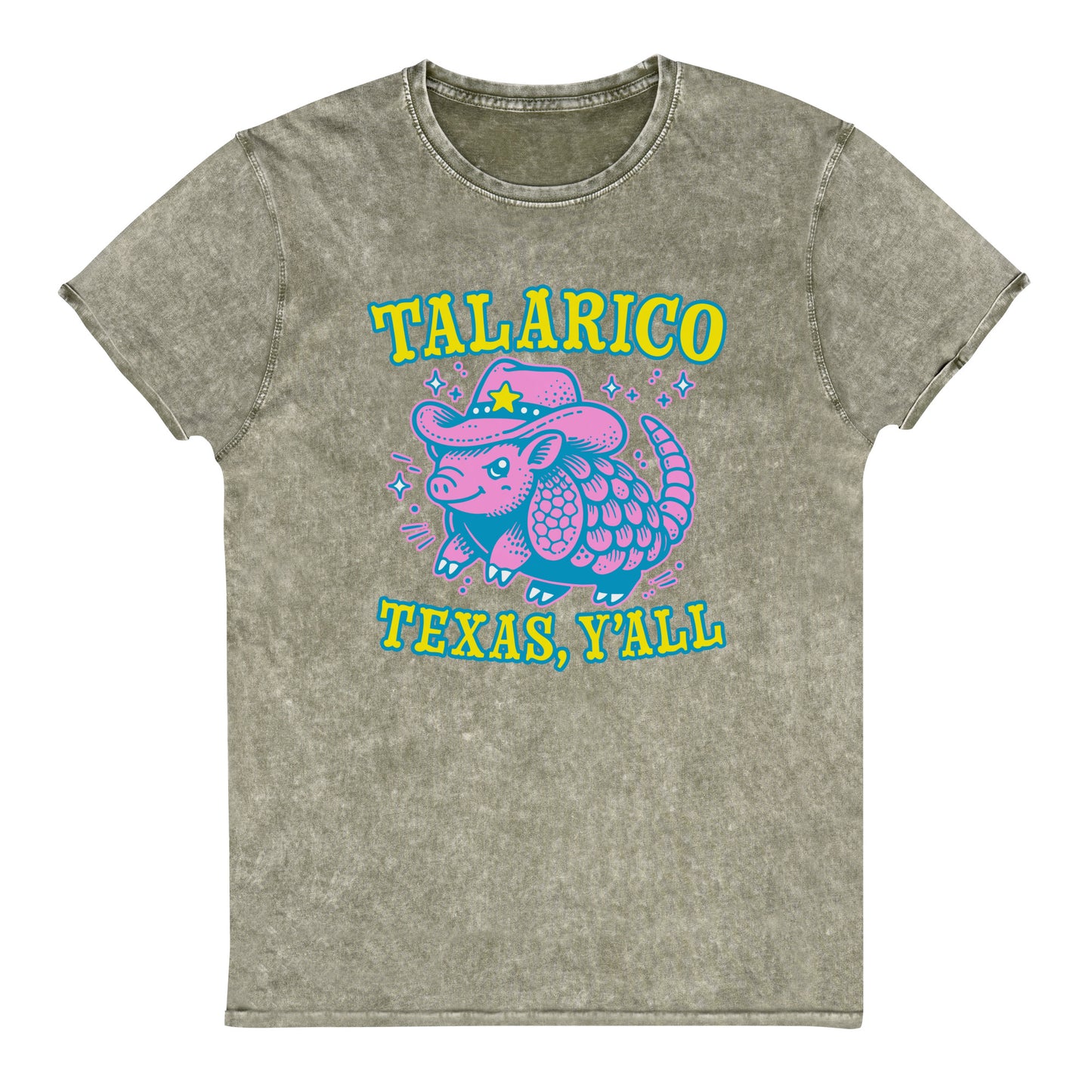 Dark Amy Green denim t-shirt with stylized armadillo wearing cowboy hat and bright retro “Talarico Texas Y’all” Texas-themed campaign-inspired artwork.