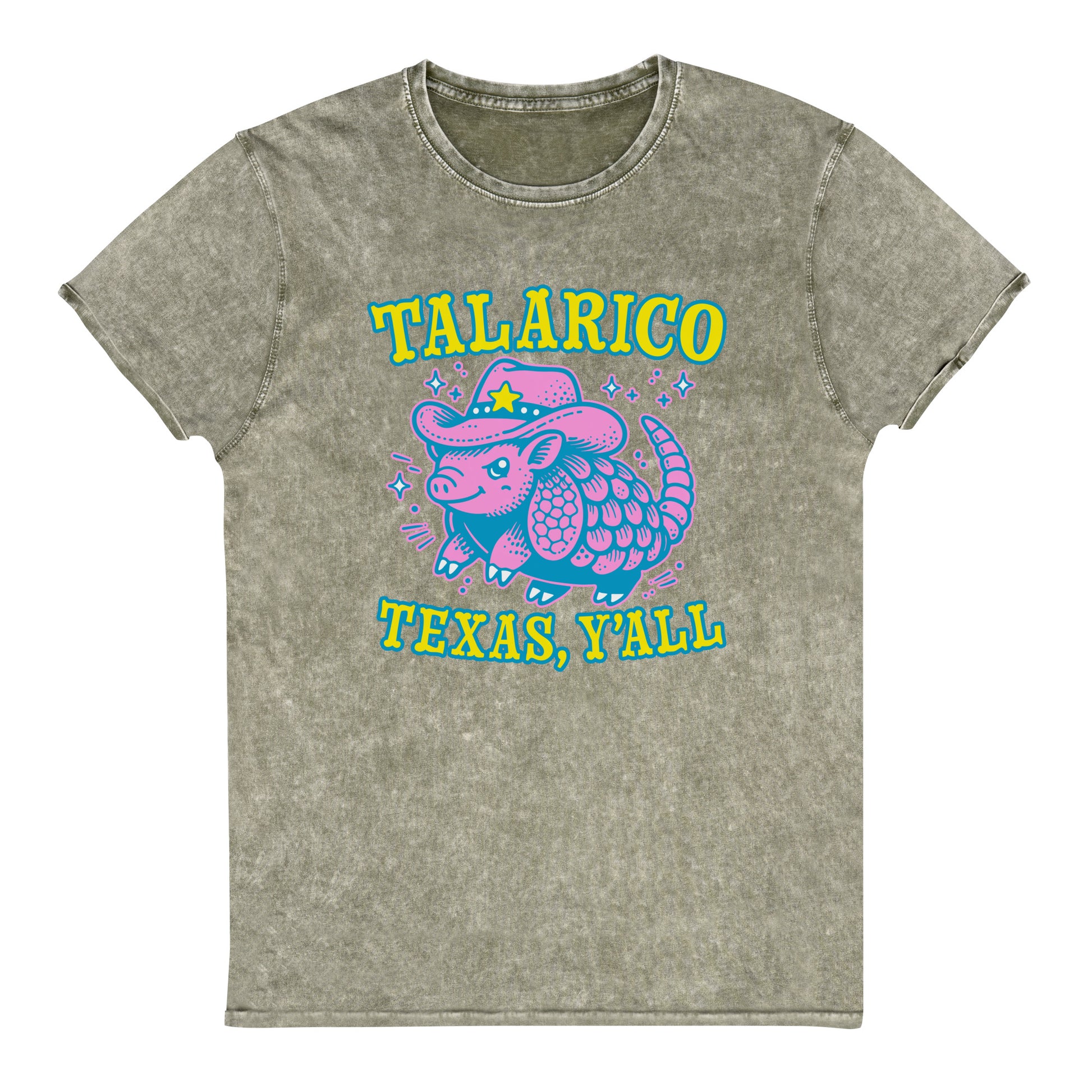 Dark Amy Green denim t-shirt with stylized armadillo wearing cowboy hat and bright retro “Talarico Texas Y’all” Texas-themed campaign-inspired artwork.