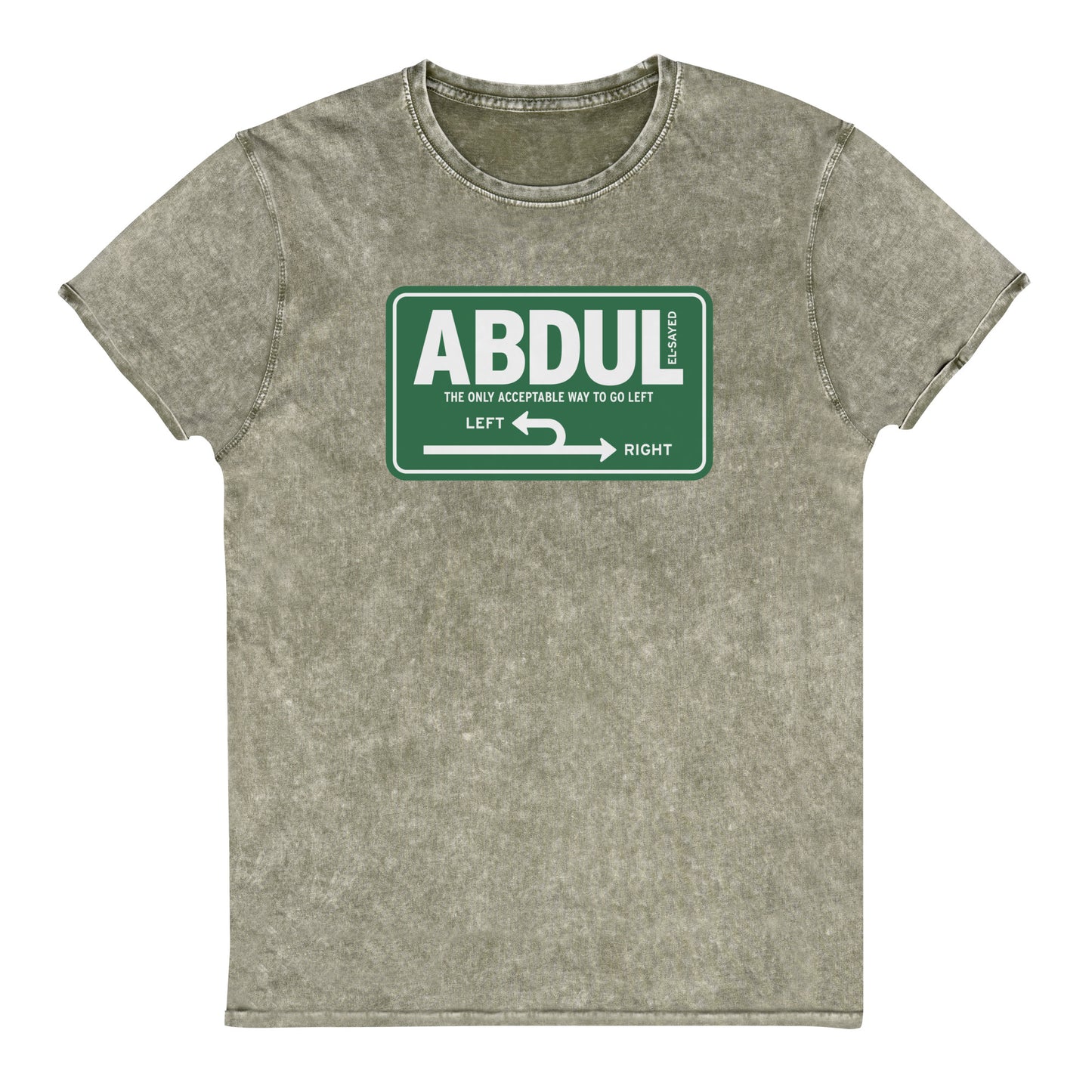 Olive vintage denim t-shirt featuring Michigan left road sign artwork with “Abdul El-Sayed” text in retro highway-inspired design.