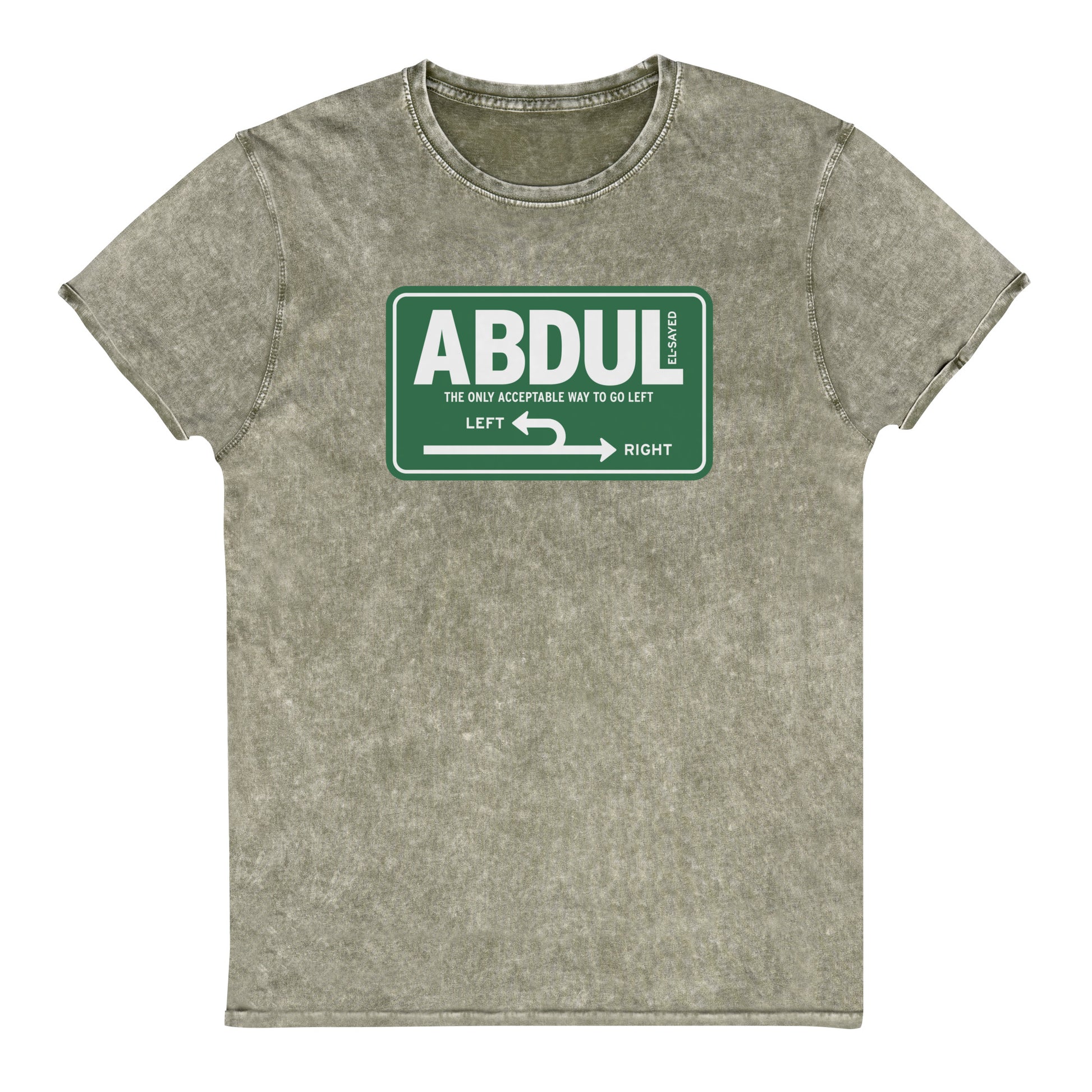 Olive vintage denim t-shirt featuring Michigan left road sign artwork with “Abdul El-Sayed” text in retro highway-inspired design.