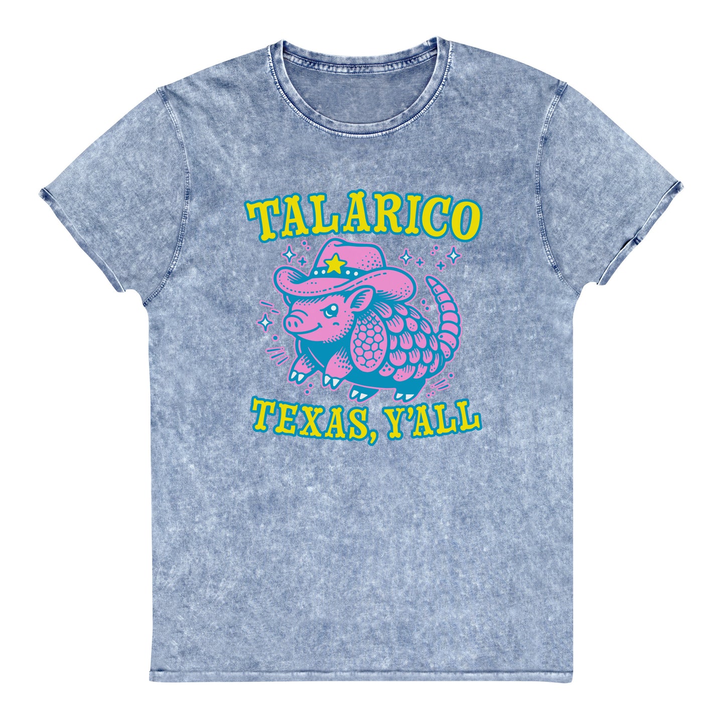 Light blue denim t-shirt displaying vibrant armadillo graphic with western stars and bold “Talarico Texas Y’all” progressive Texas message.