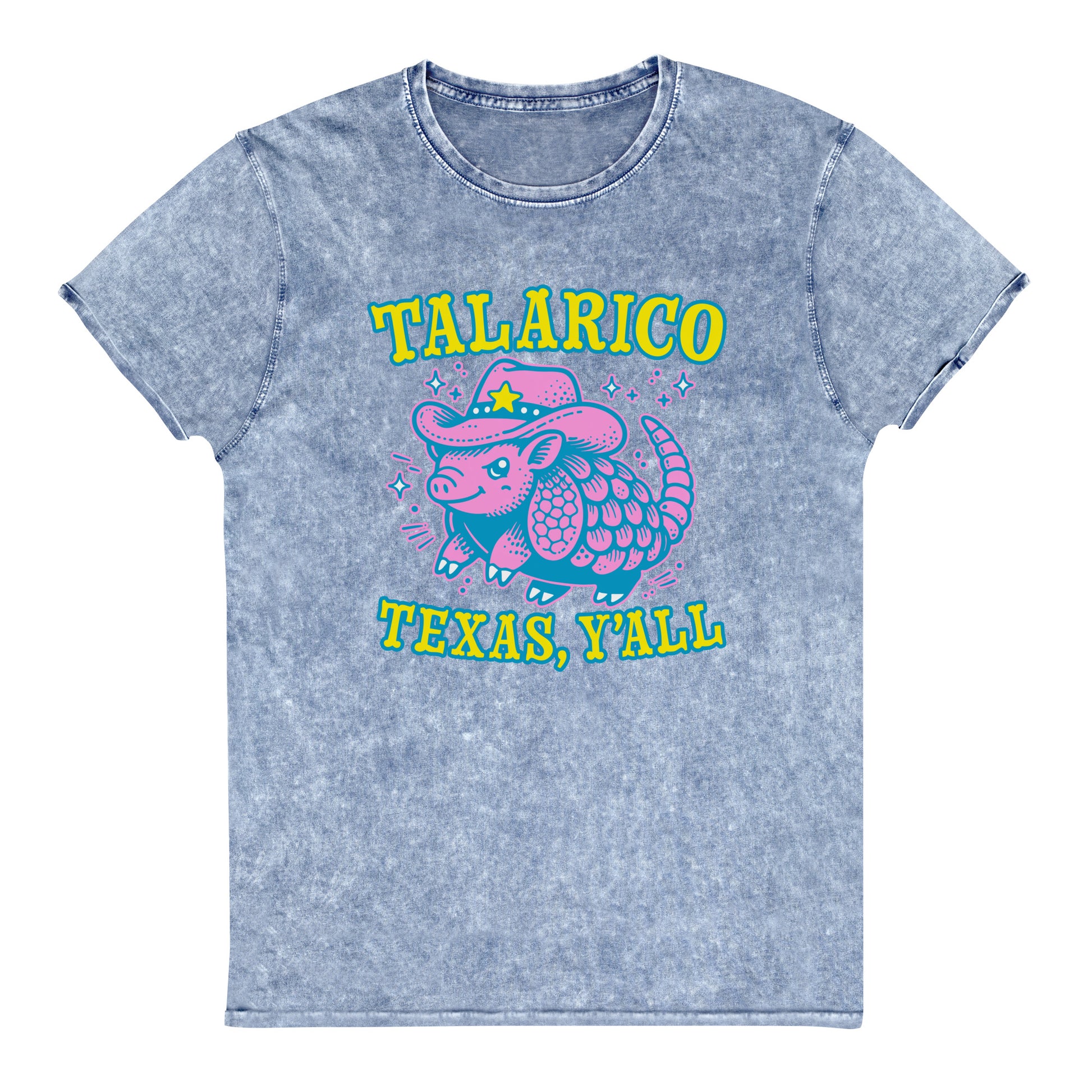 Light blue denim t-shirt displaying vibrant armadillo graphic with western stars and bold “Talarico Texas Y’all” progressive Texas message.