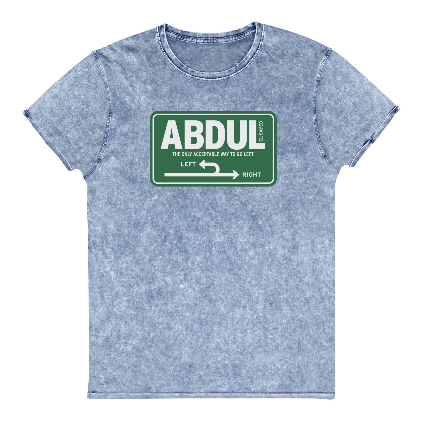 Light blue vintage wash denim t-shirt with green Michigan left sign graphic and “Abdul El-Sayed” campaign-inspired typography.
