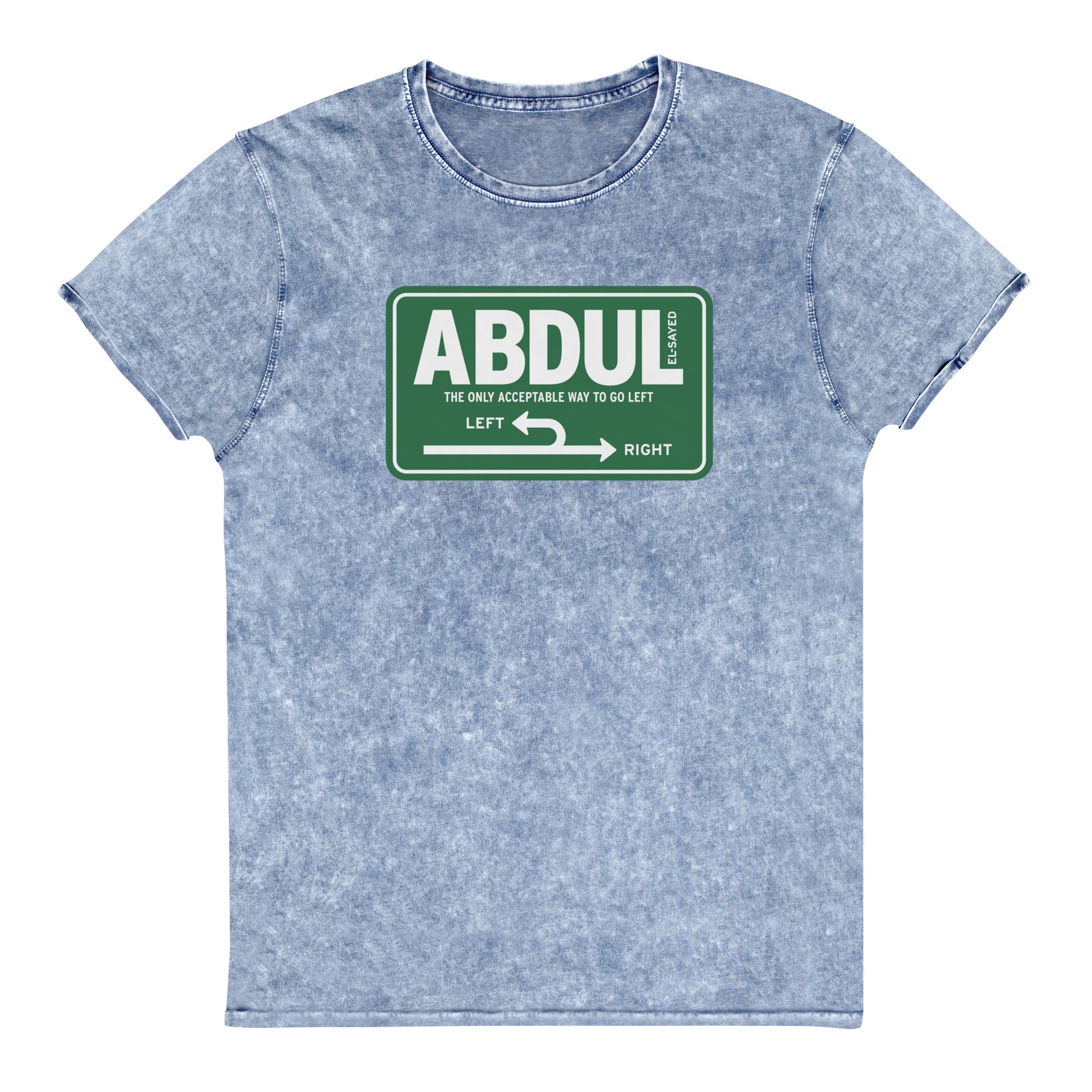 Light blue vintage wash denim t-shirt with green Michigan left sign graphic and “Abdul El-Sayed” campaign-inspired typography.
