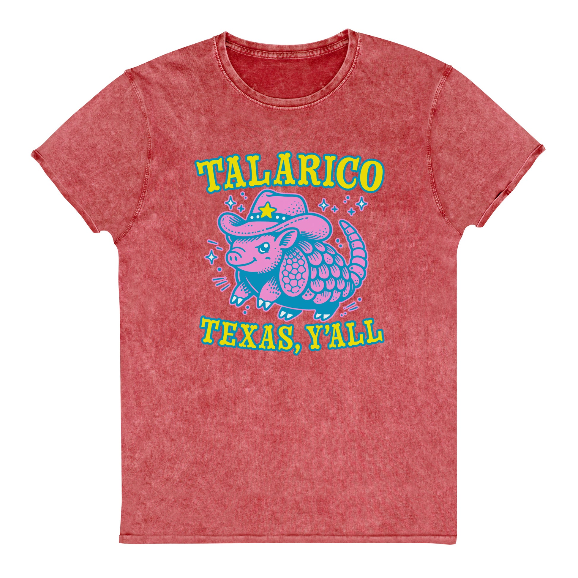 Red denim t-shirt featuring playful armadillo illustration in cowboy hat with “Talarico Texas Y’all” text in bold retro western style.