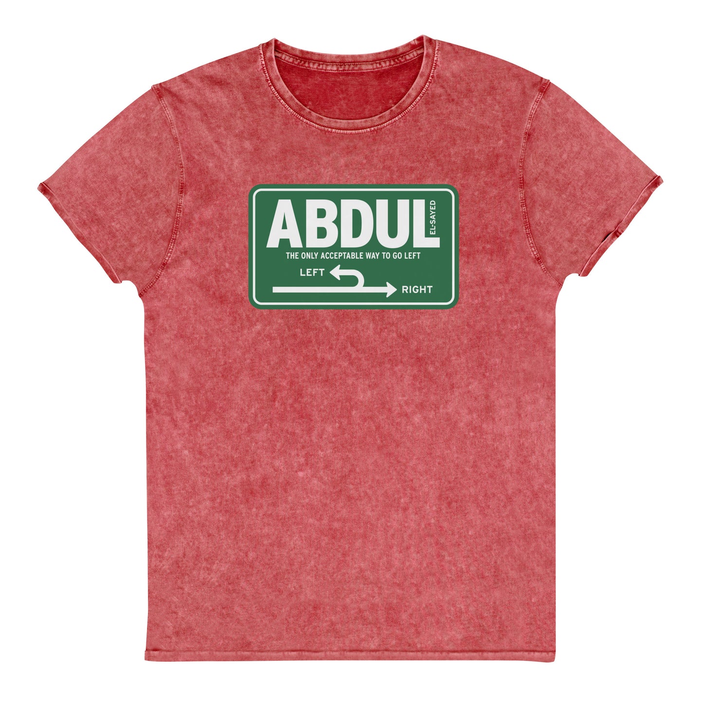 Red vintage wash denim t-shirt displaying green road sign design with “Abdul El-Sayed” text and Michigan left highway graphic.