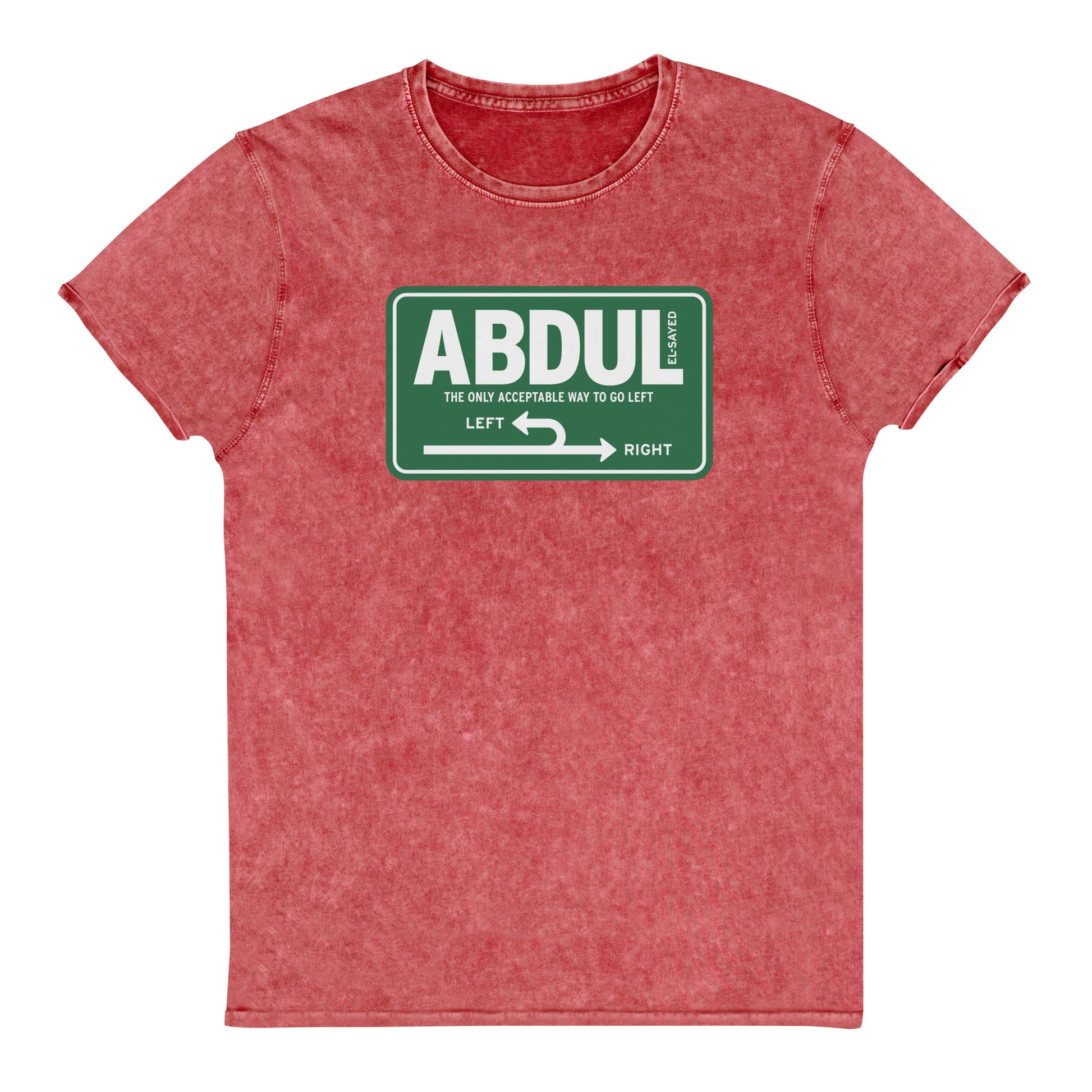 Red vintage wash denim t-shirt displaying green road sign design with “Abdul El-Sayed” text and Michigan left highway graphic.