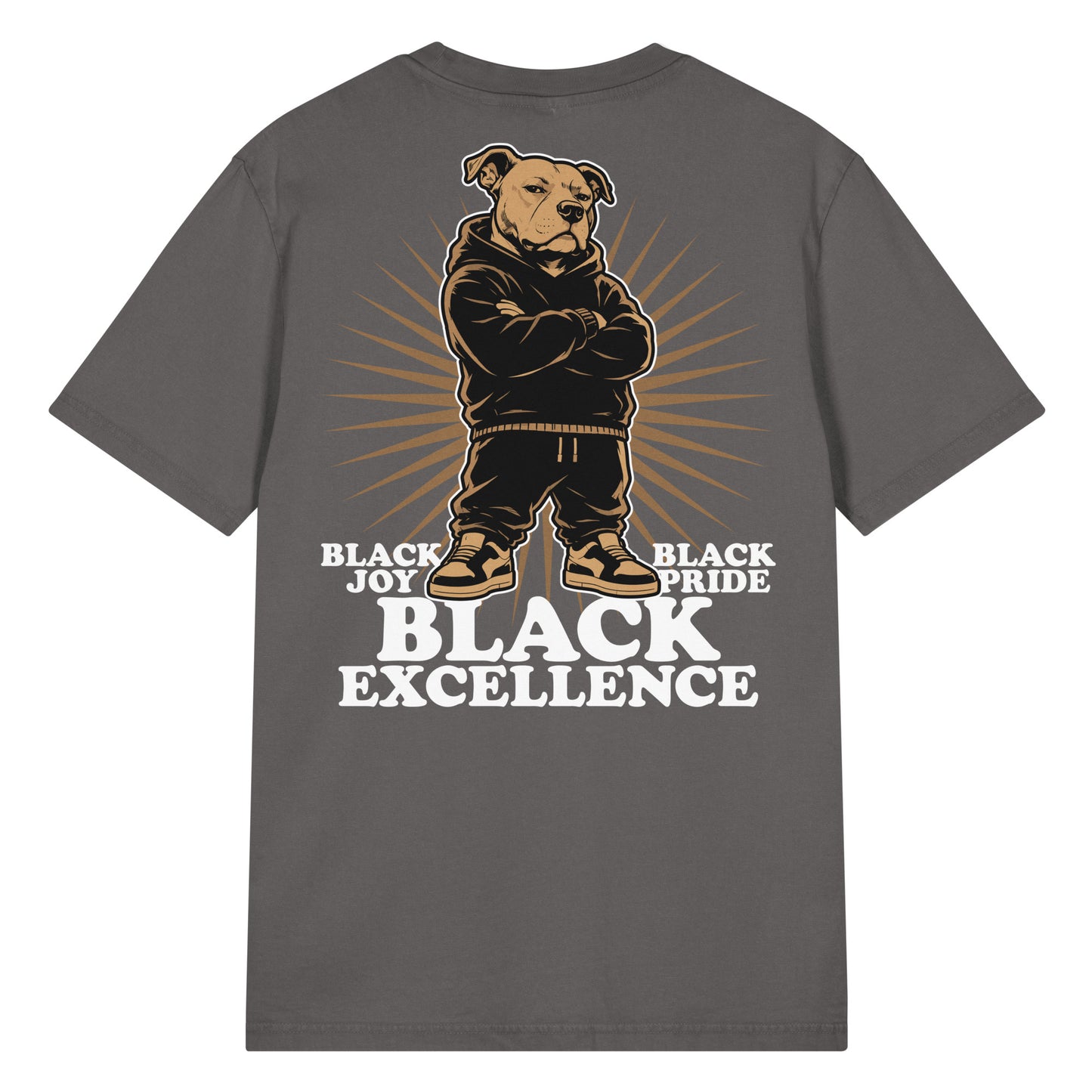 Pepper vintage-wash t-shirt featuring a large back graphic of a streetwear pit bull with "Black Joy," "Black Pride," and "Black Excellence," plus a matching front chest print.