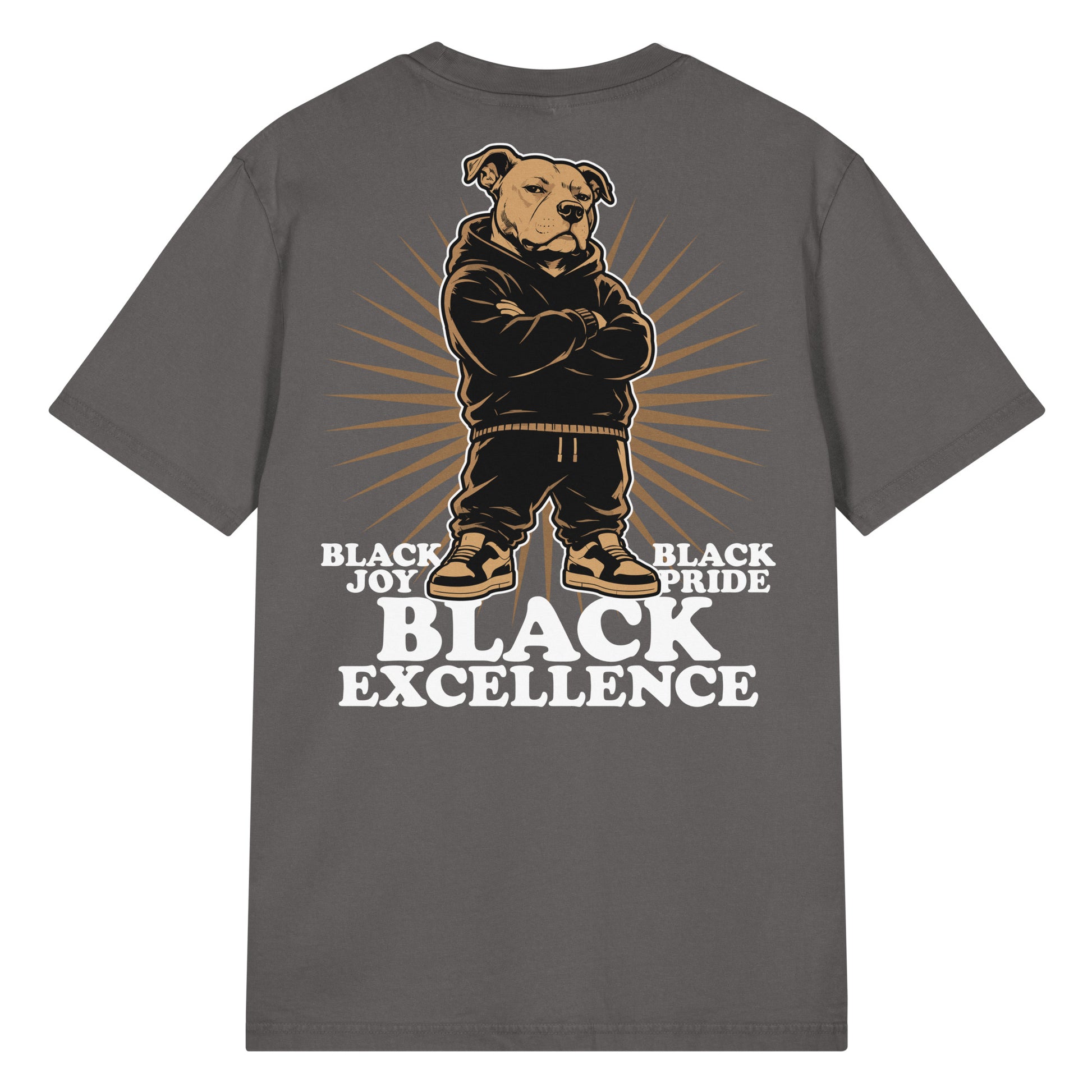 Pepper vintage-wash t-shirt featuring a large back graphic of a streetwear pit bull with "Black Joy," "Black Pride," and "Black Excellence," plus a matching front chest print.