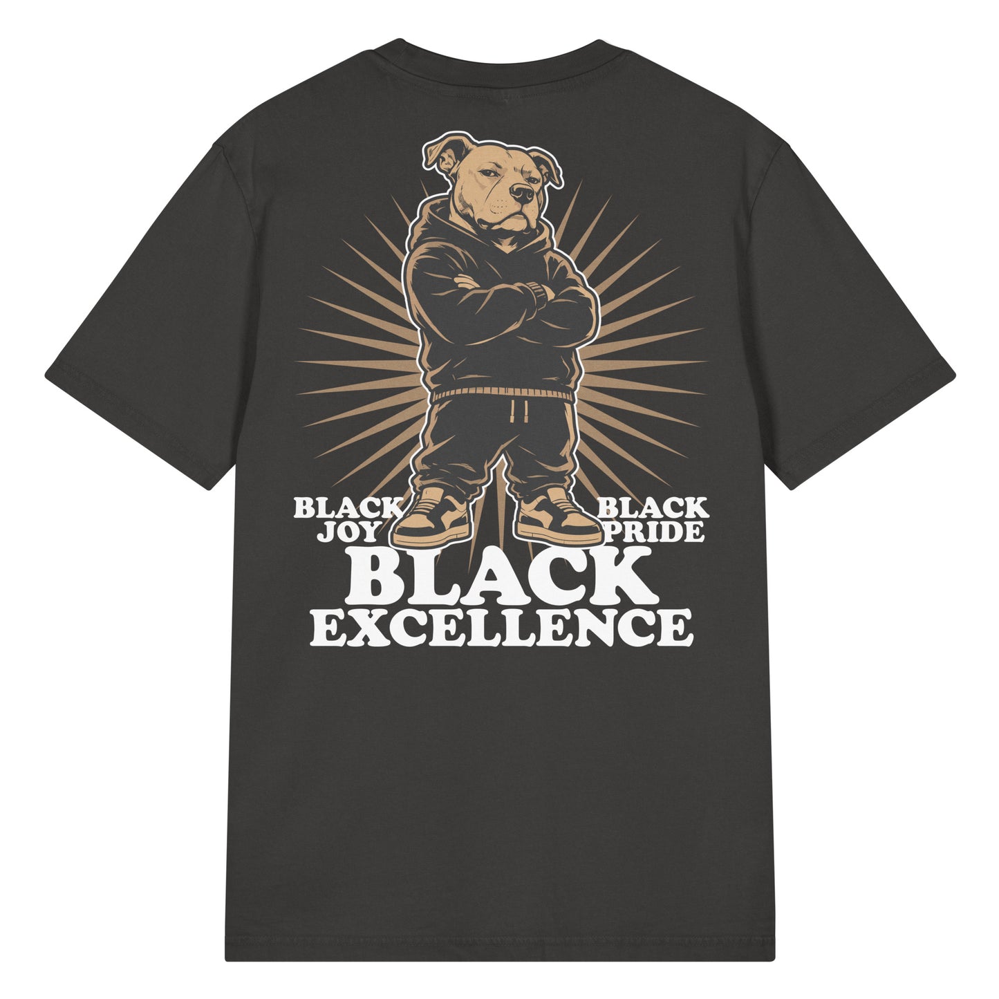 Pepper vintage-wash t-shirt featuring a confident pit bull in streetwear beneath the phrases "Black Joy," "Black Pride," and "Black Excellence," celebrating Black culture, empowerment, and resilience.