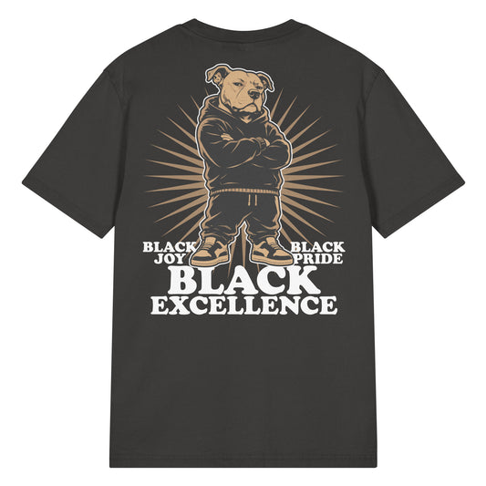 Pepper vintage-wash t-shirt featuring a confident pit bull in streetwear beneath the phrases "Black Joy," "Black Pride," and "Black Excellence," celebrating Black culture, empowerment, and resilience.
