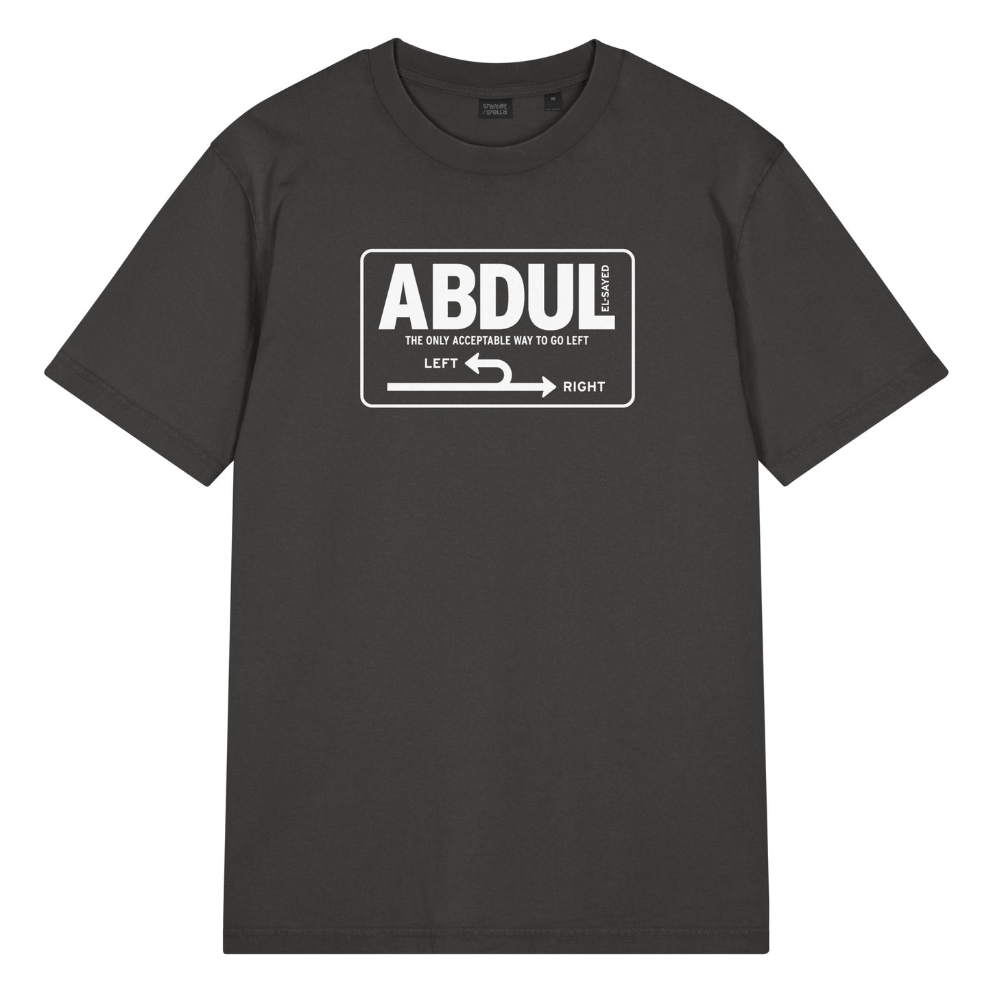 Black garment-dyed vintage t-shirt featuring white Michigan left road sign graphic with “Abdul El-Sayed” text inspired by Michigan highway signage.