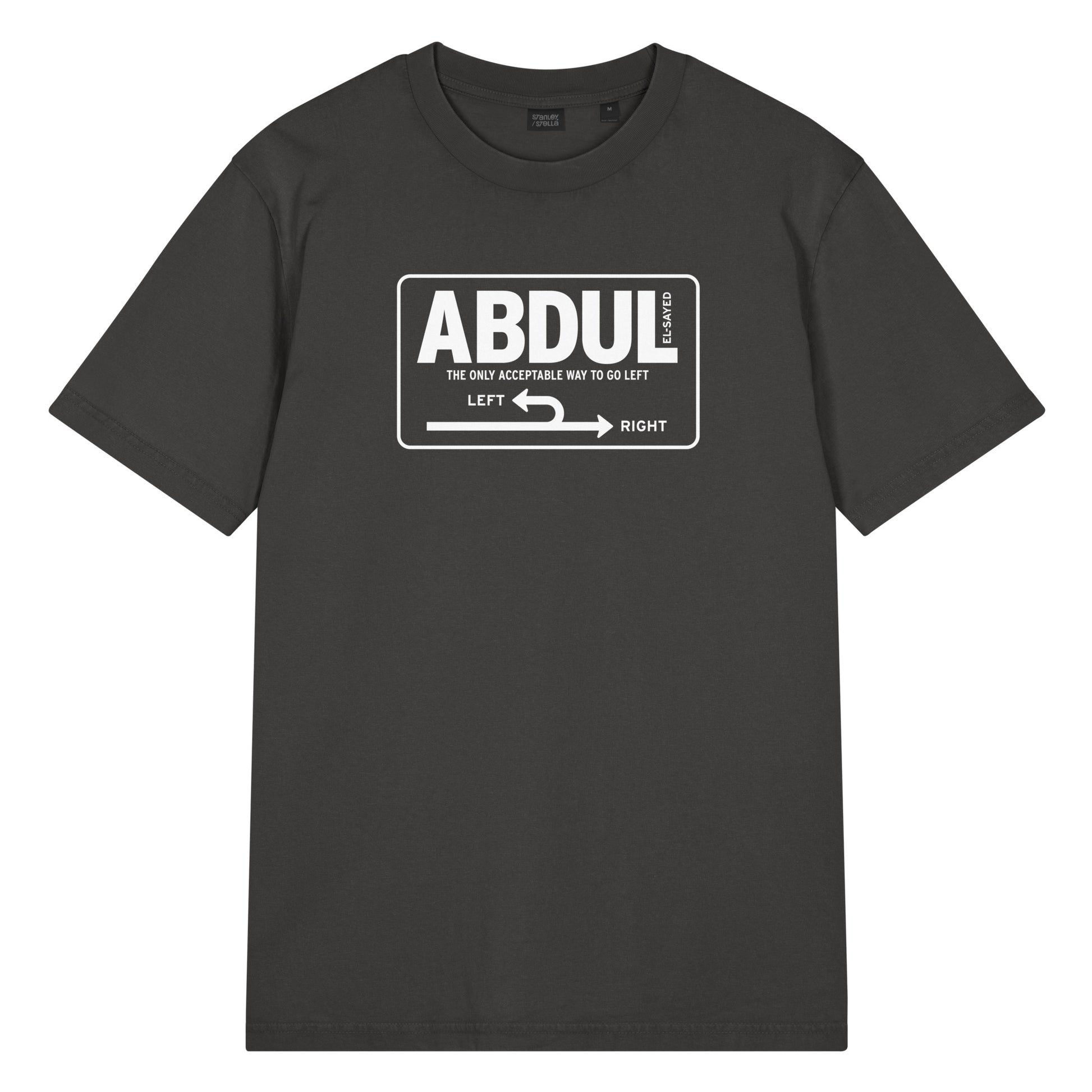 Black garment-dyed vintage t-shirt featuring white Michigan left road sign graphic with “Abdul El-Sayed” text inspired by Michigan highway signage.