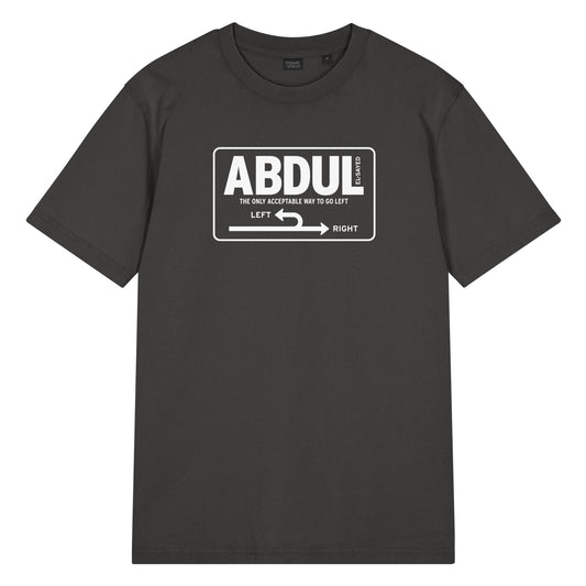 Black garment-dyed vintage t-shirt featuring white Michigan left road sign graphic with “Abdul El-Sayed” text inspired by Michigan highway signage.