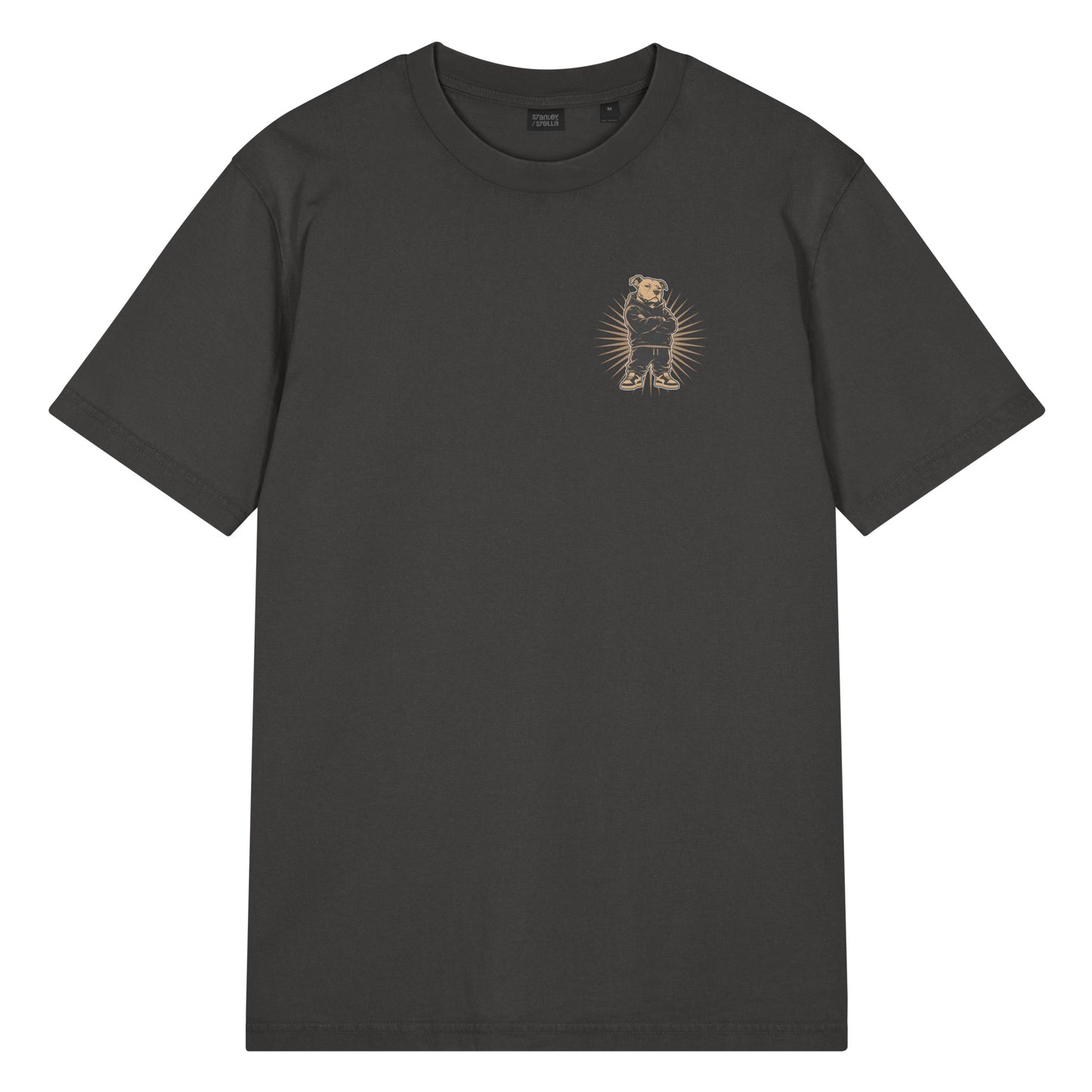 Pepper garment-dyed vintage t-shirt displaying a small front chest pit bull graphic inspired by Black pride, confidence, and community.