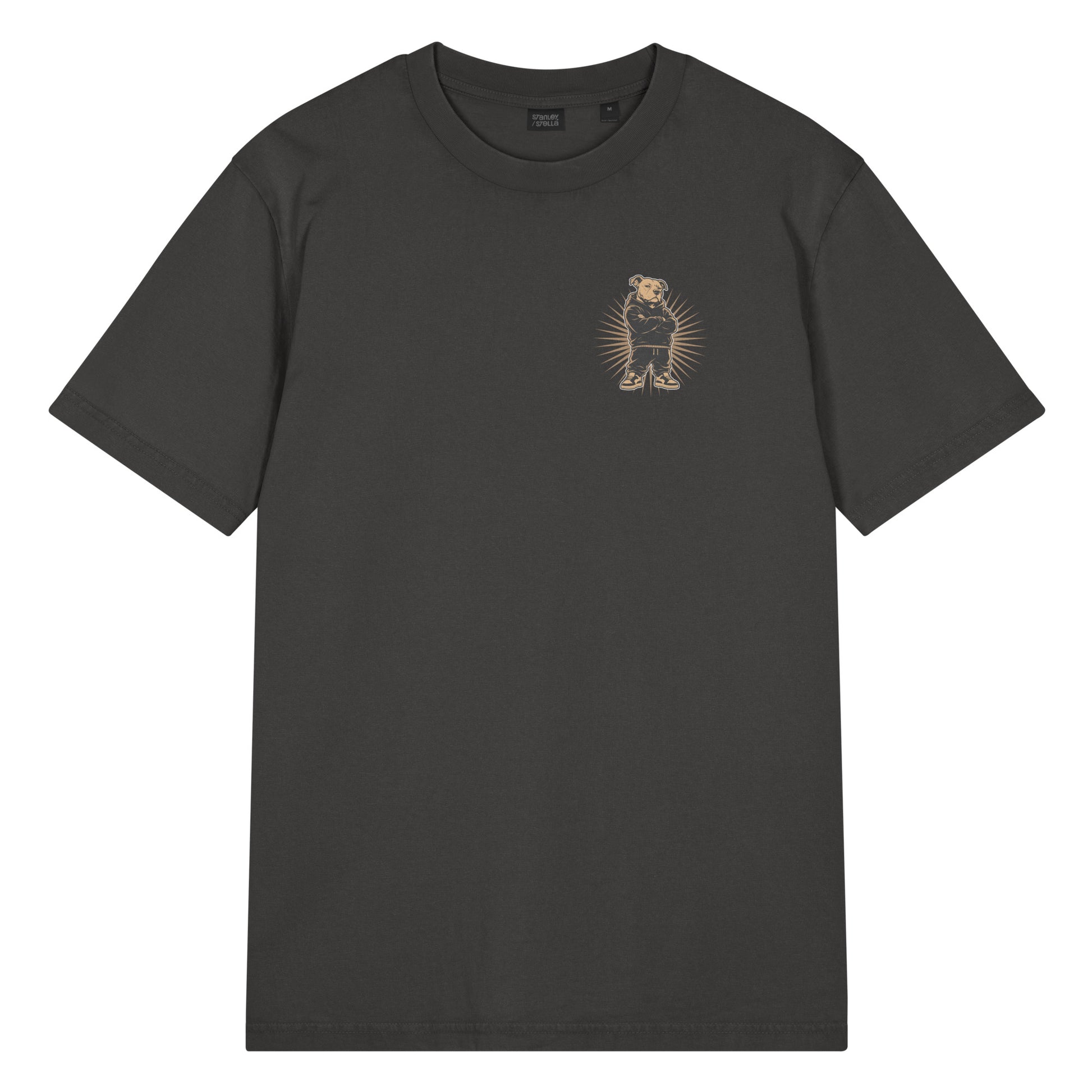 Pepper garment-dyed vintage t-shirt displaying a small front chest pit bull graphic inspired by Black pride, confidence, and community.