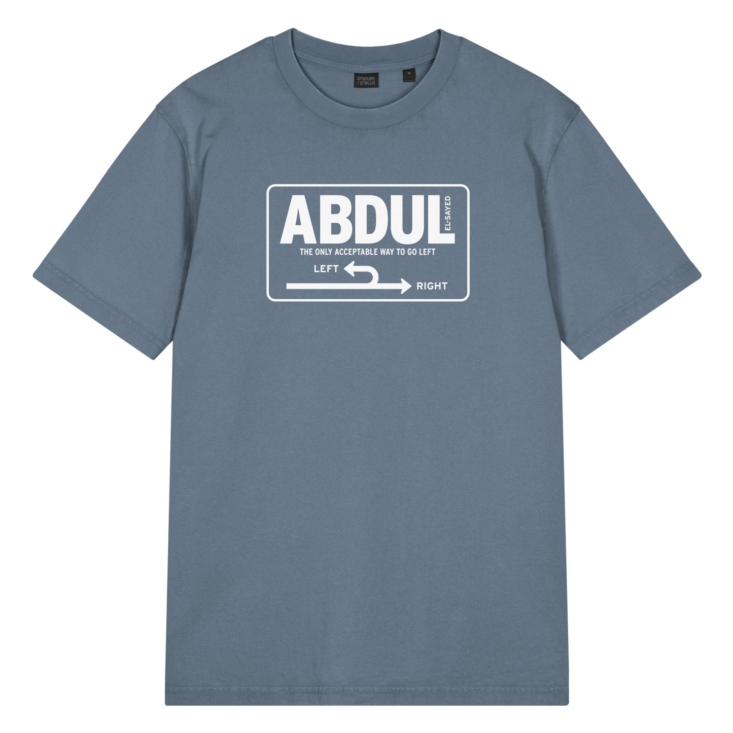 Blue garment-dyed vintage t-shirt displaying white Michigan left road sign design with “Abdul El-Sayed” text and directional highway arrows.