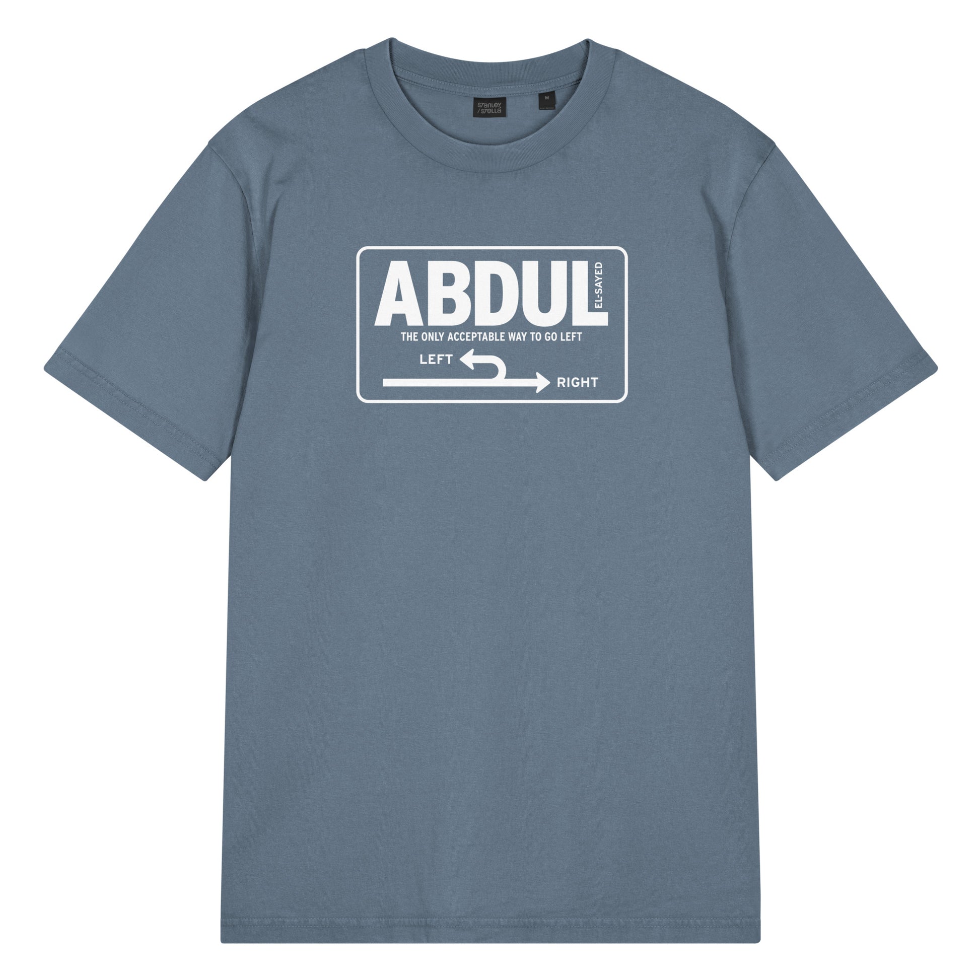 Blue garment-dyed vintage t-shirt displaying white Michigan left road sign design with “Abdul El-Sayed” text and directional highway arrows.