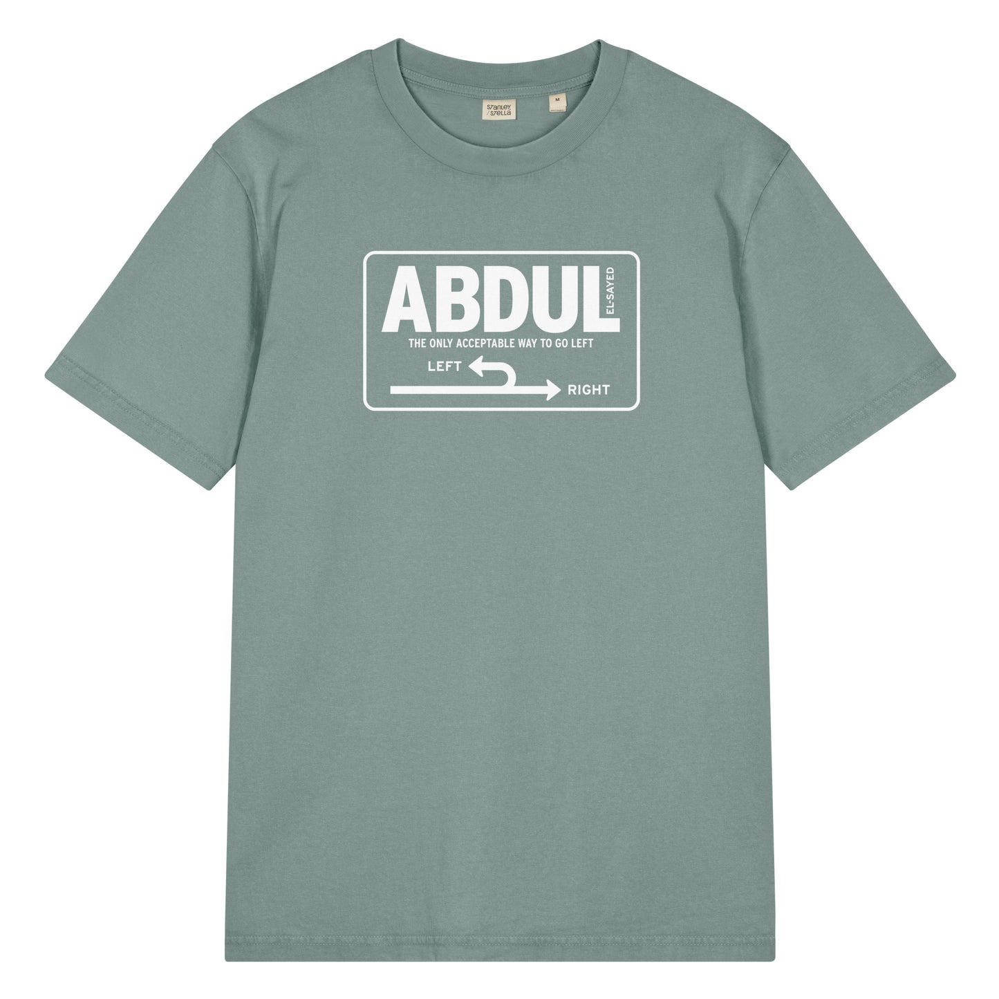 Sage green vintage t-shirt featuring white Michigan left sign graphic with “Abdul El-Sayed” text in clean highway-inspired design.
