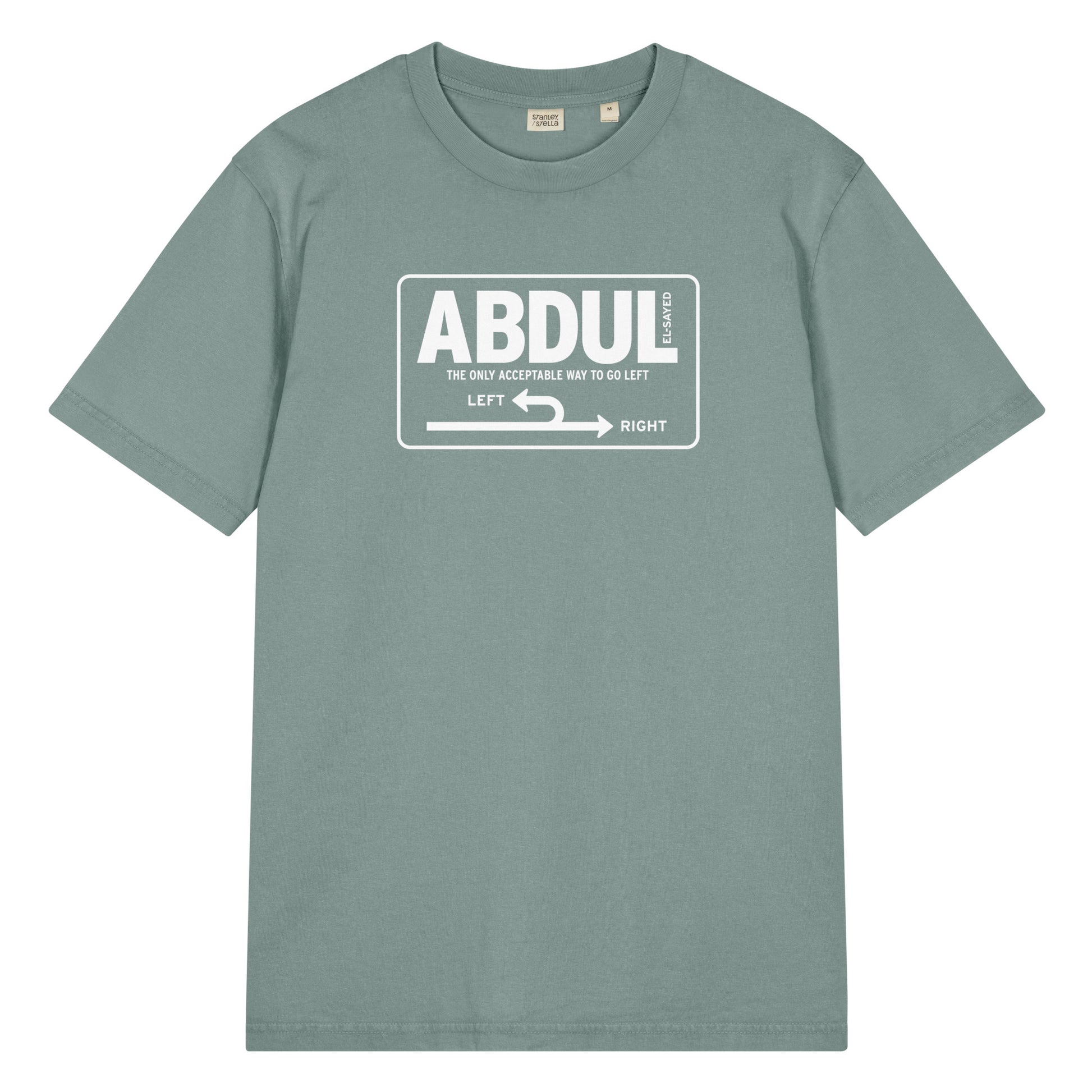 Sage green vintage t-shirt featuring white Michigan left sign graphic with “Abdul El-Sayed” text in clean highway-inspired design.