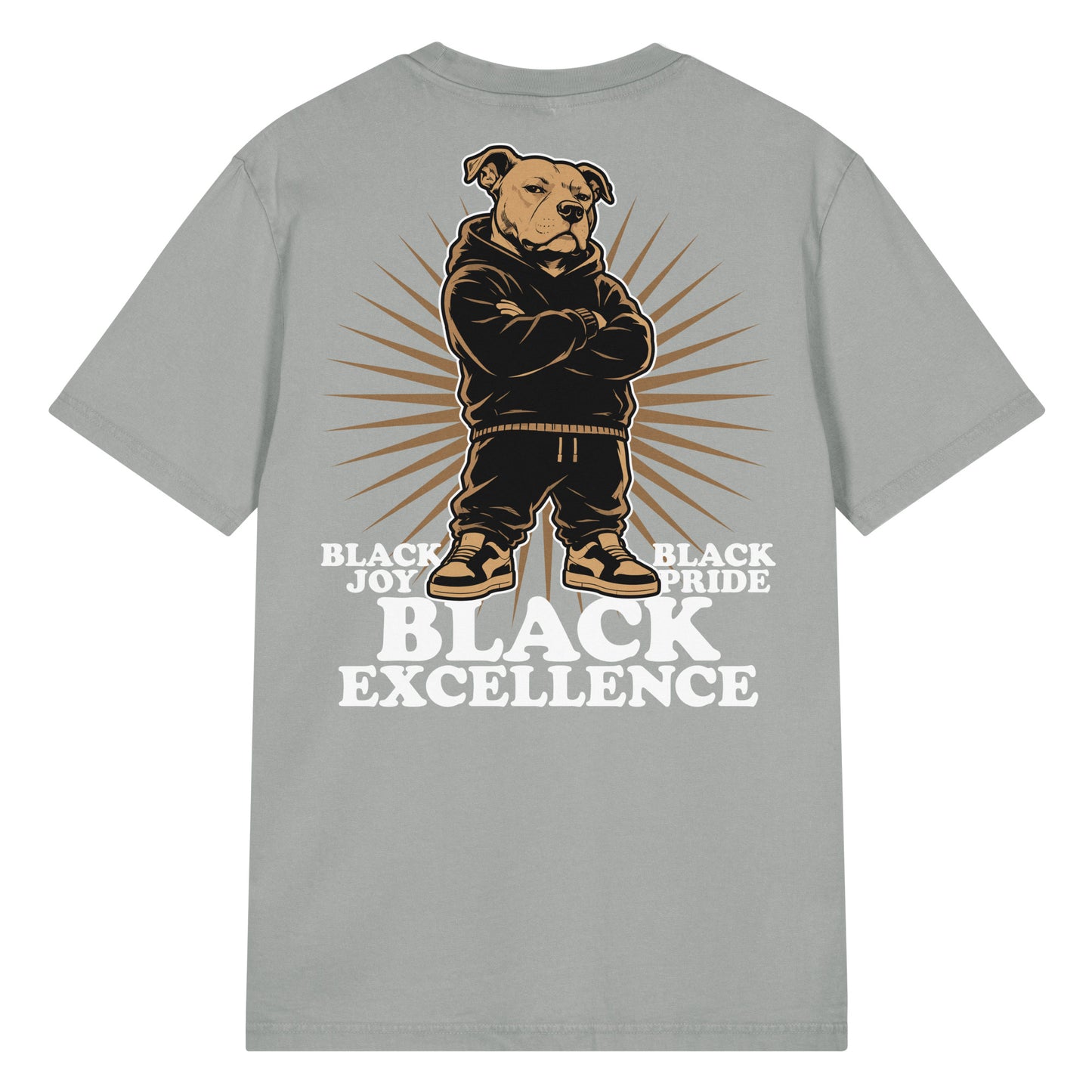 Gray vintage-wash t-shirt featuring the "Black Joy Black Pride Black Excellence" pit bull artwork in a bold, streetwear-inspired design.