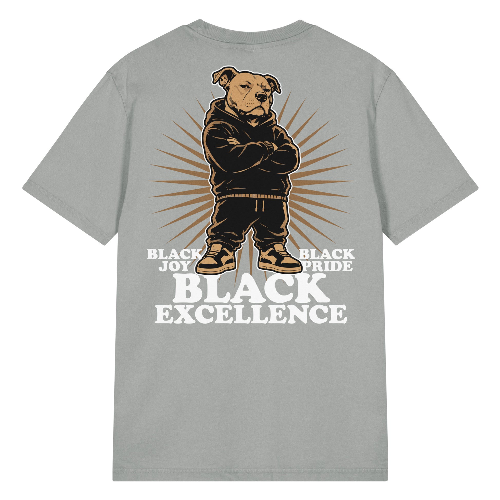 Gray vintage-wash t-shirt featuring the "Black Joy Black Pride Black Excellence" pit bull artwork in a bold, streetwear-inspired design.
