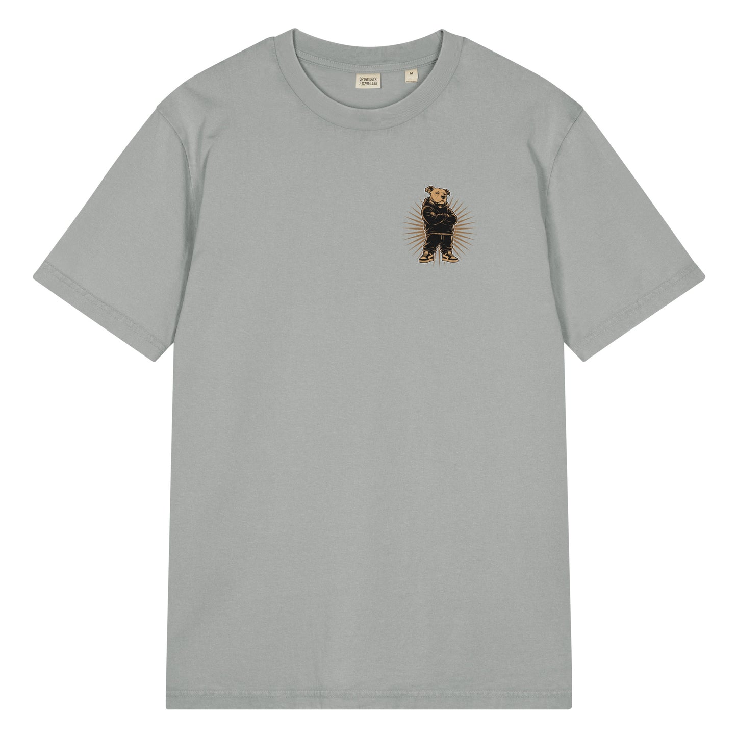 Gray garment-dyed vintage t-shirt displaying a small chest pit bull graphic celebrating Black pride and empowerment.