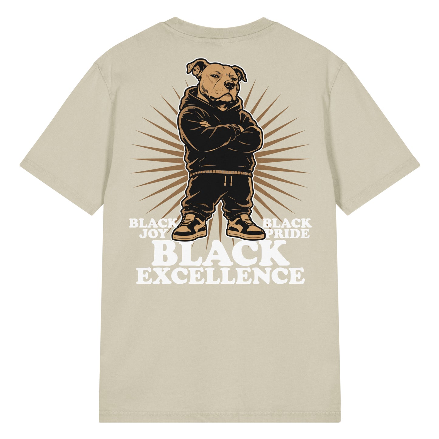 Ivory vintage-wash t-shirt showcasing the striking pit bull artwork with "Black Joy," "Black Pride," and "Black Excellence" typography.