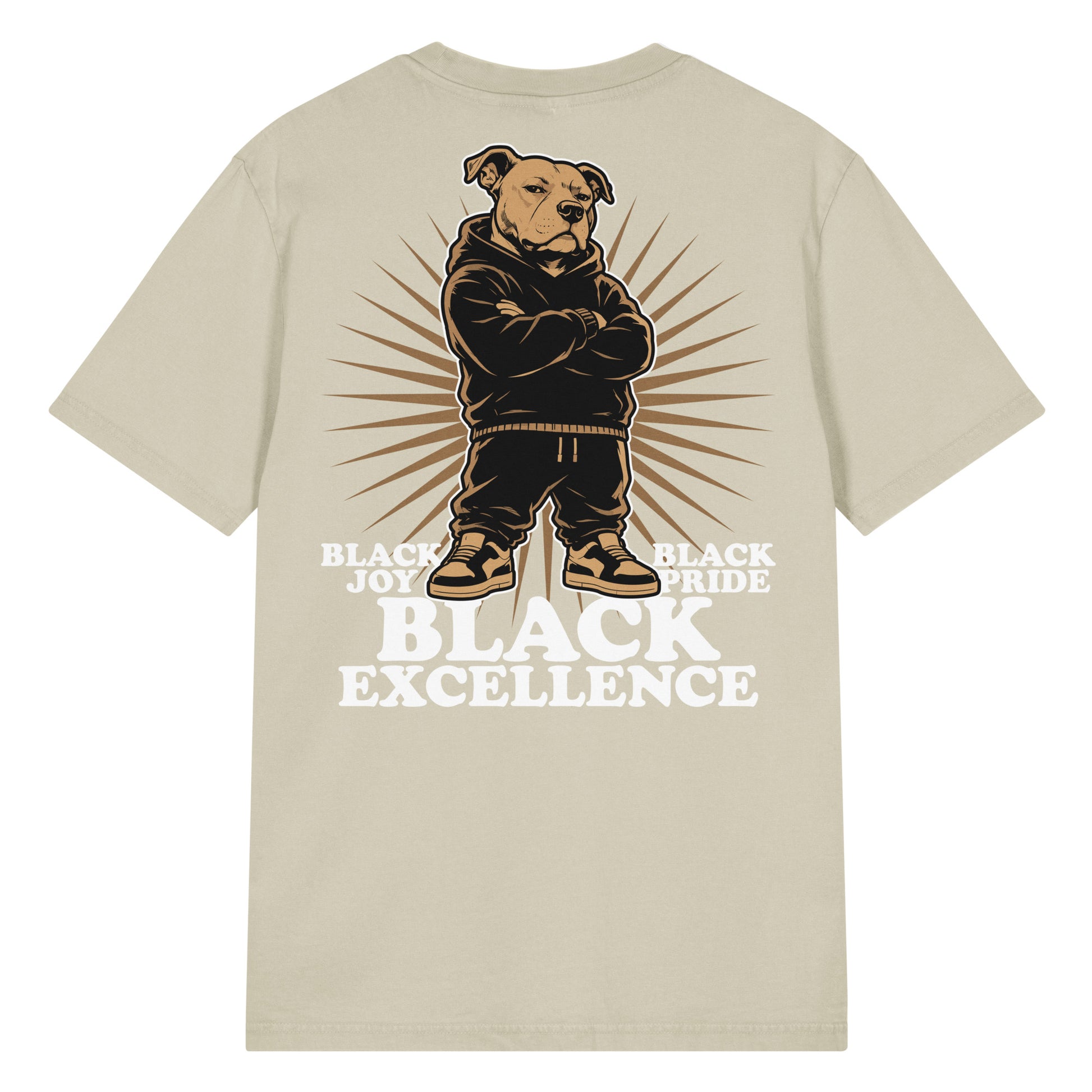 Ivory vintage-wash t-shirt showcasing the striking pit bull artwork with "Black Joy," "Black Pride," and "Black Excellence" typography.