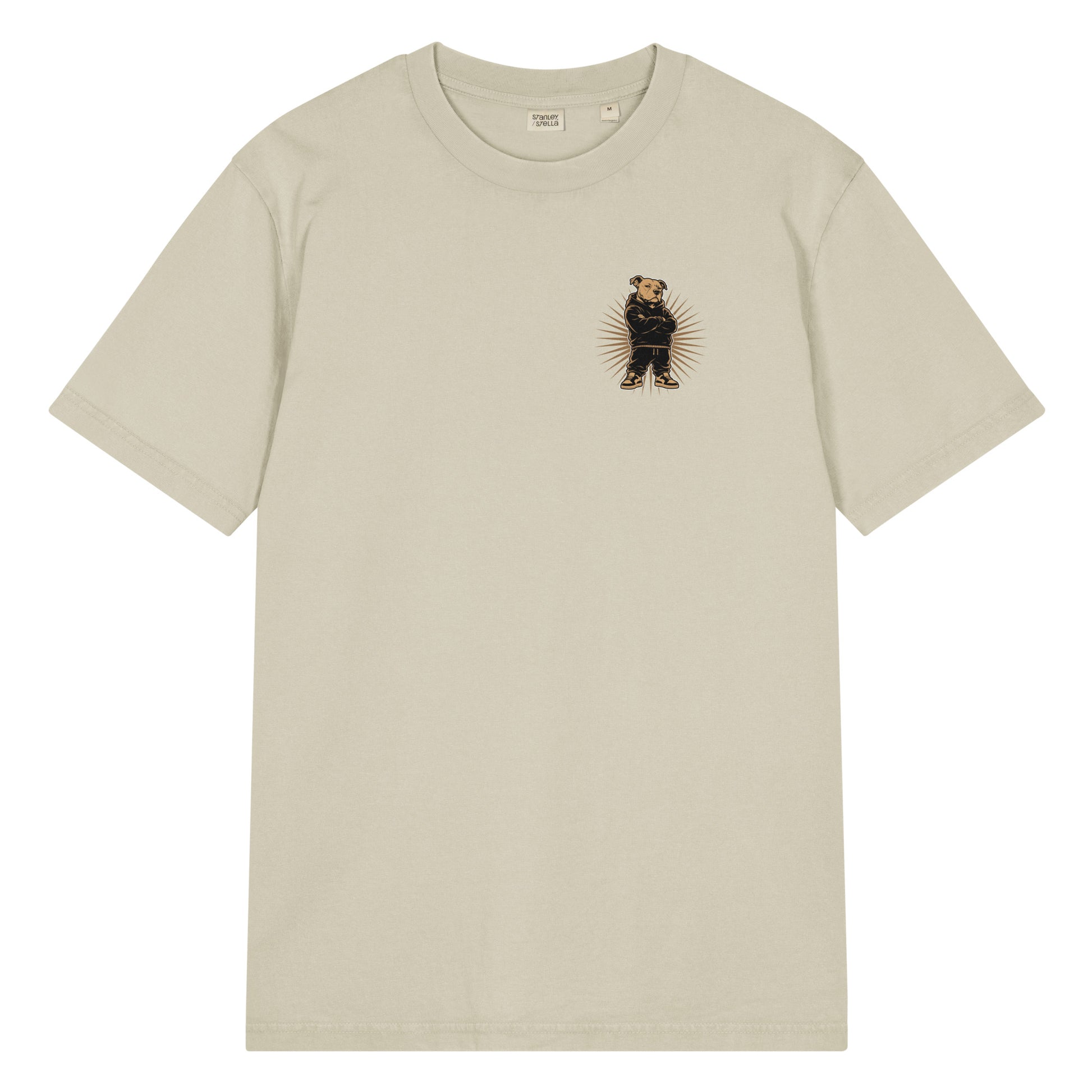 Ivory garment-dyed vintage t-shirt featuring a small front chest pit bull illustration inspired by Black joy, pride, and excellence.
