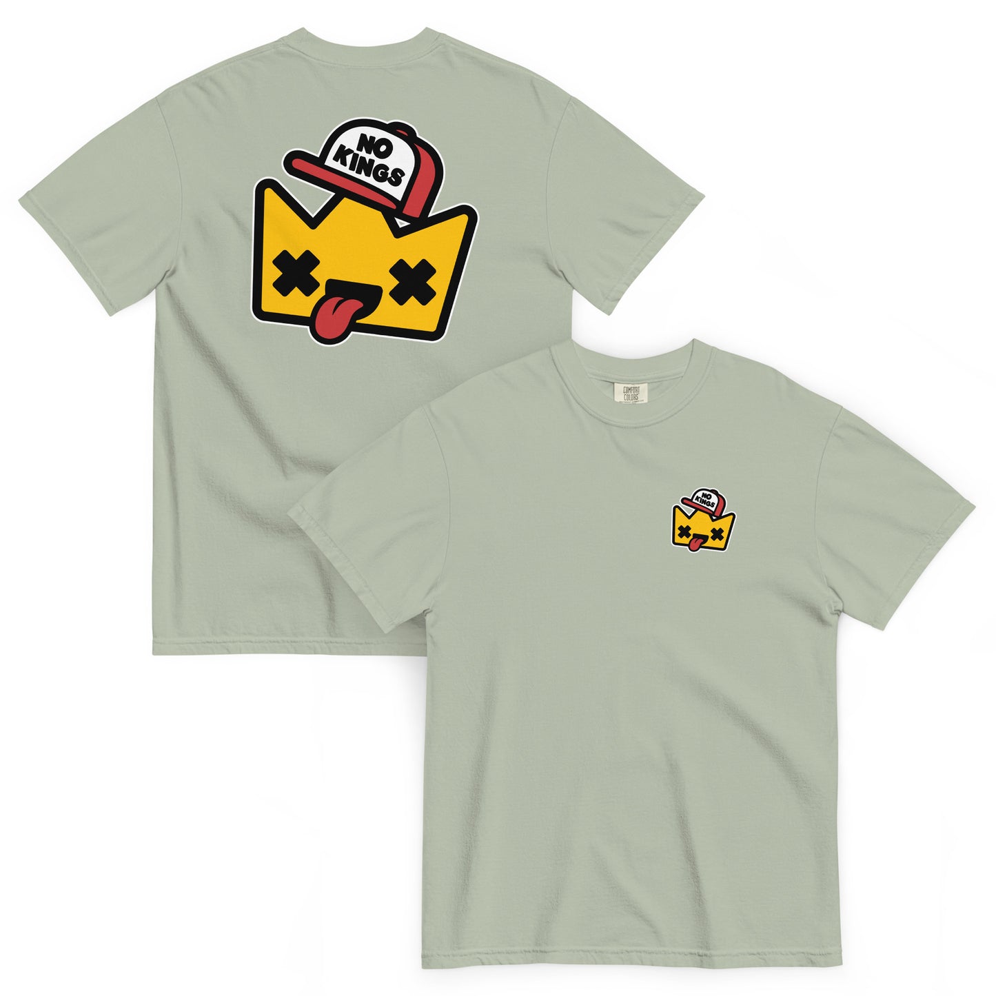 Sage green Comfort Colors t-shirt featuring a playful crown character in a trucker hat with anti-monarchy humor and civic-minded artwork.