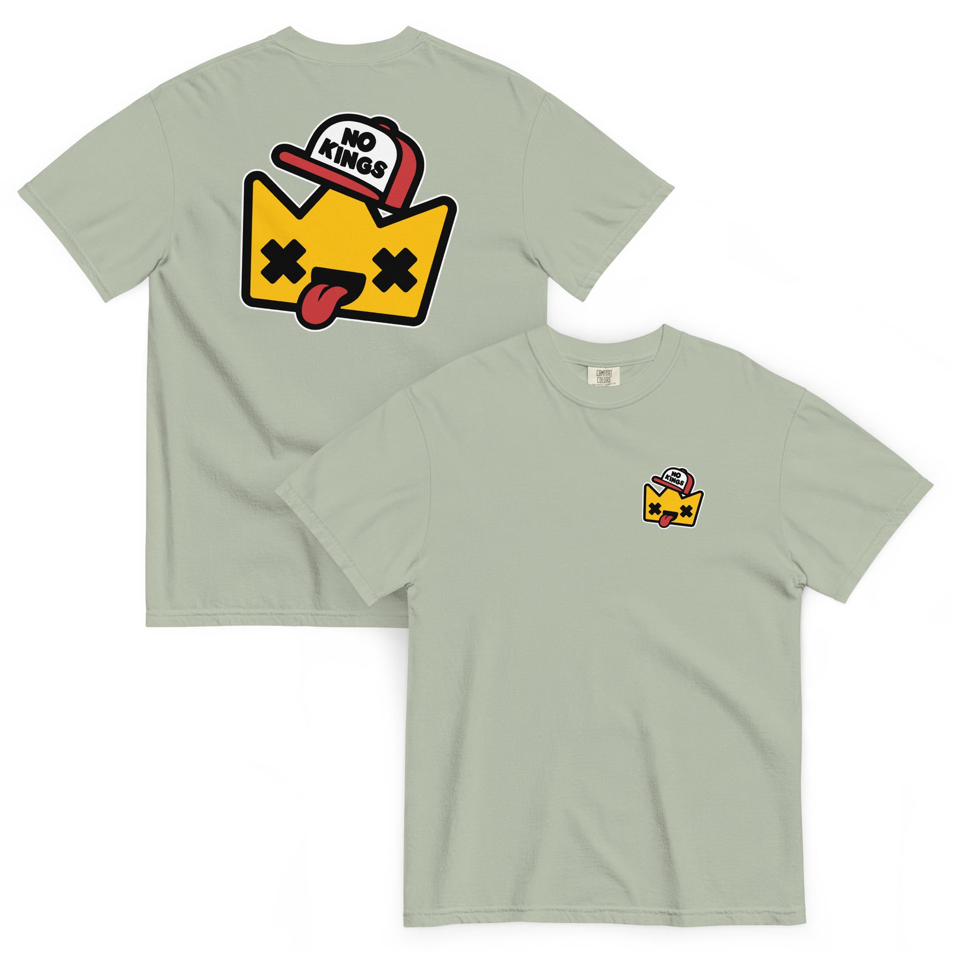 Sage green Comfort Colors t-shirt featuring a playful crown character in a trucker hat with anti-monarchy humor and civic-minded artwork.