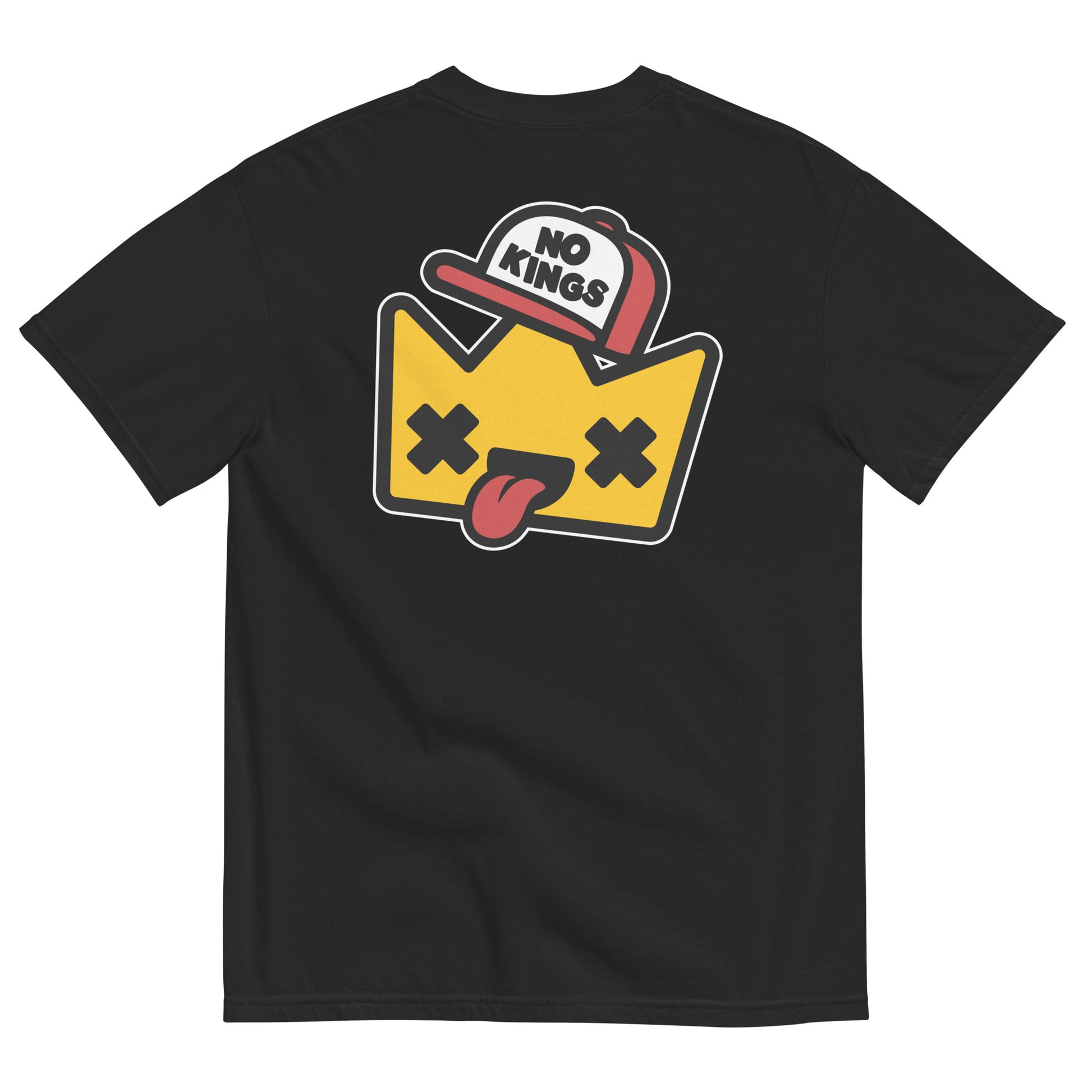 Black garment-dyed t-shirt displaying a playful “No Kings” cartoon crown with X-shaped eyes and tongue-out expression inspired by protest art and democratic values.