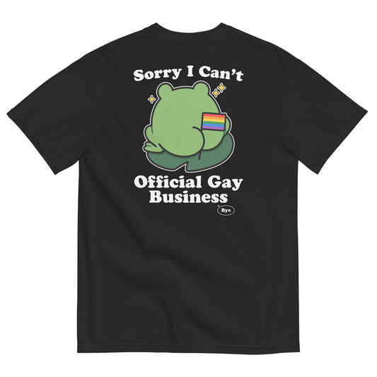 Black Comfort Colors t-shirt featuring a frog with a rainbow Pride flag patch and the phrase “Sorry I Can’t, Official Gay Business,” a playful LGBTQ+ design celebrating Pride, identity, and humor.