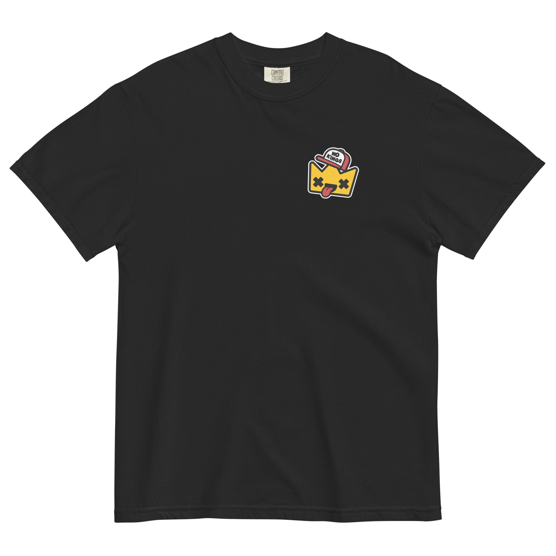 Black Comfort Colors t-shirt featuring a small left-chest cartoon crown graphic wearing a “No Kings” trucker hat, blending political satire, civic humor, and pro-democracy messaging.