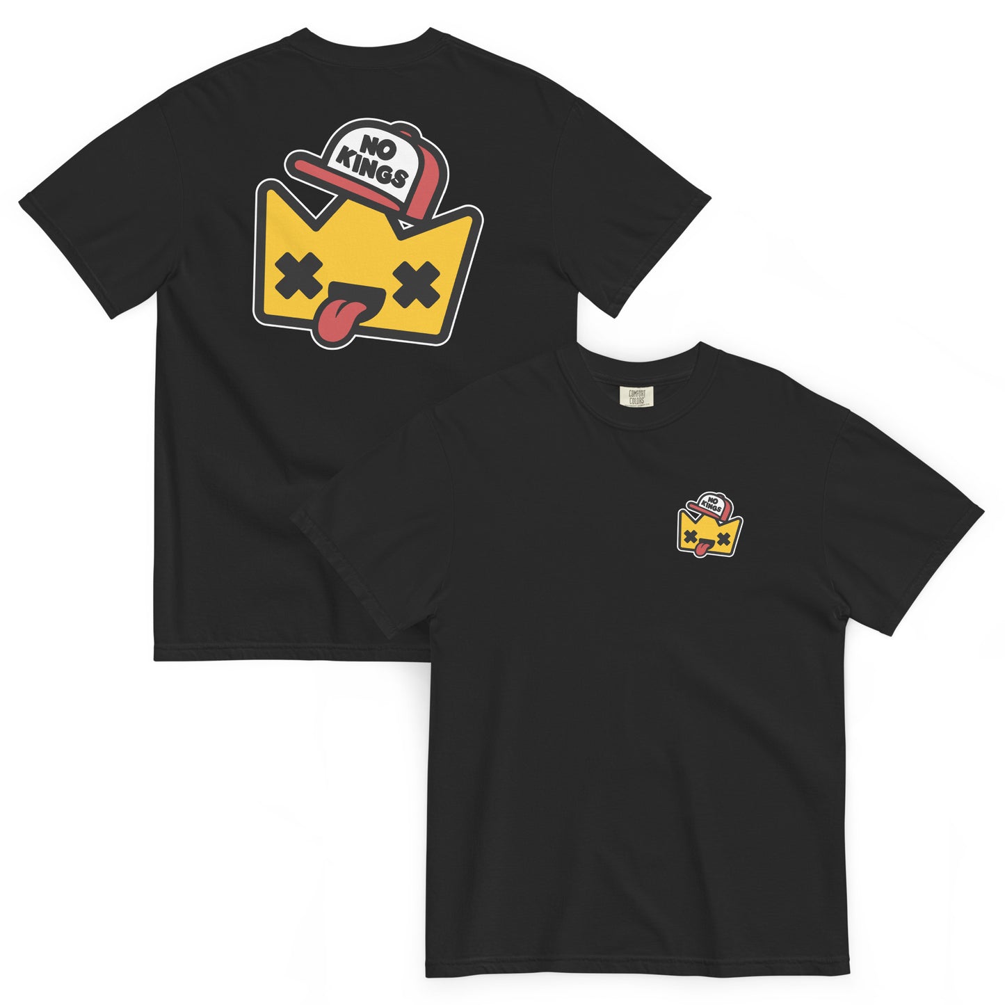 Front-and-back mockup of a Comfort Colors t-shirt featuring a large “No Kings” crown graphic on the front and a smaller matching chest graphic on the back.