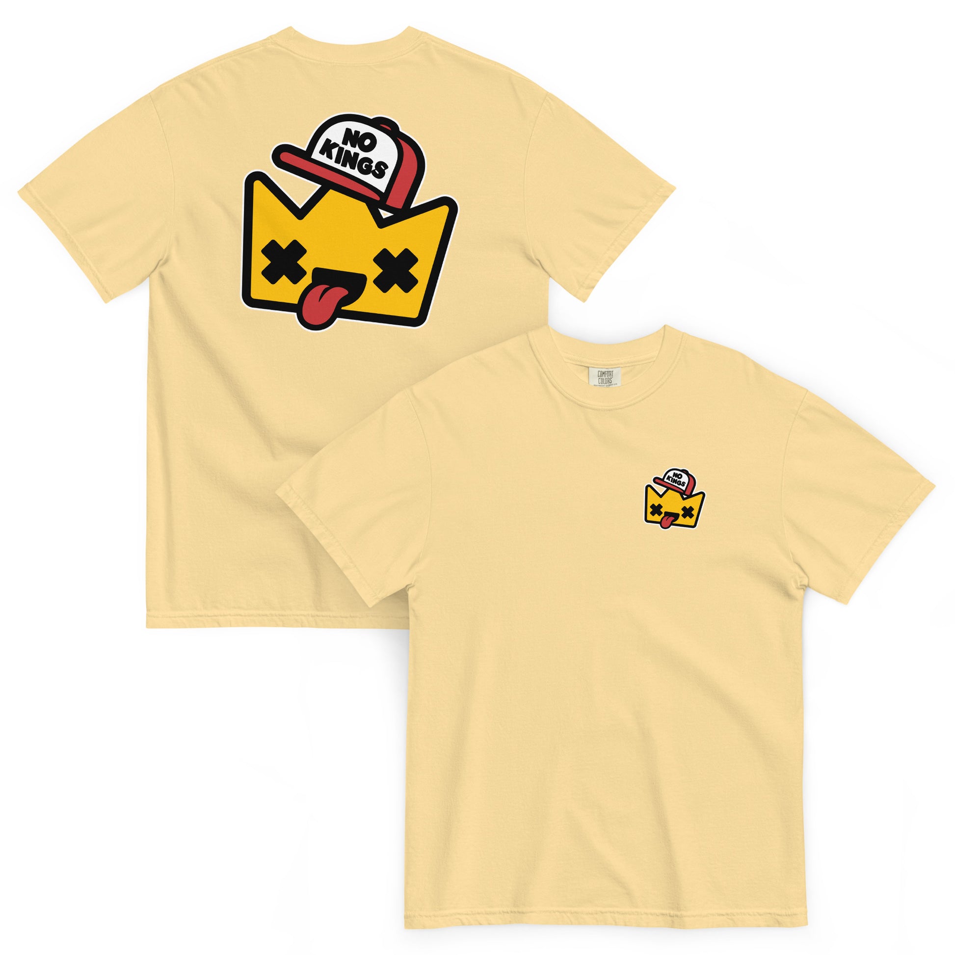 Butter yellow t-shirt displaying a cartoon “No Kings” crown graphic with bold outlines and lighthearted political satire.