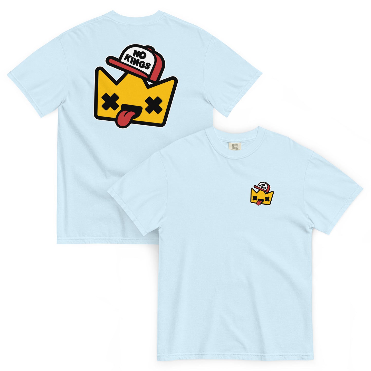 Light blue garment-dyed t-shirt featuring a goofy crown character wearing a “No Kings” cap, inspired by modern protest graphics and democratic ideals.